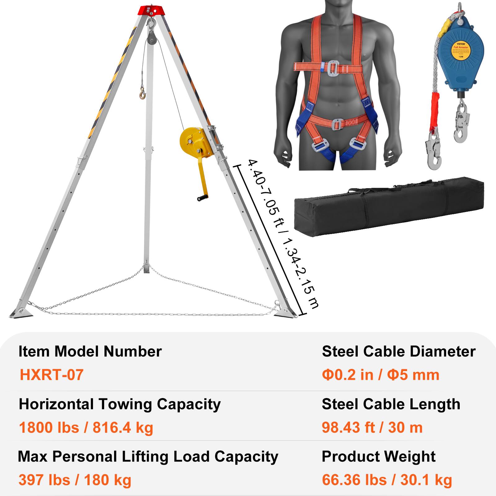 - Item Model Number: HXRT-07
- Steel Cable Diameter: 0.2 in / 5 mm
- Horizontal Towing Capacity: 1800 lbs / 816.4 kg
- Max Personal Lifting Load Capacity: 397 lbs / 180 kg
- Steel Cable Length: 98.43 ft / 30 m
- Product Weight: 66.36 lbs / 30.1 kg
