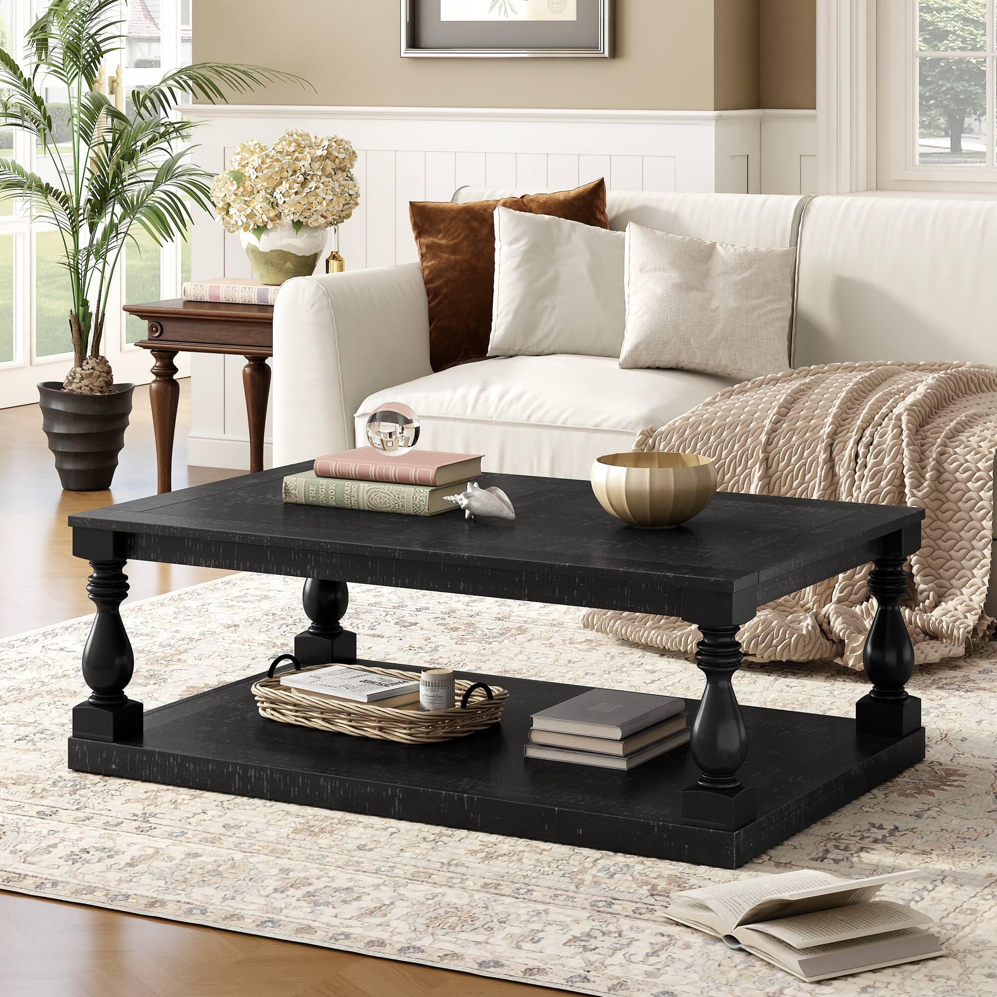 Front. APRILSOUL - Set of 2 Nesting Coffee Tables Farmhouse Rectangle Living Room Wood Finish Small Sofa Side Table - Black.
