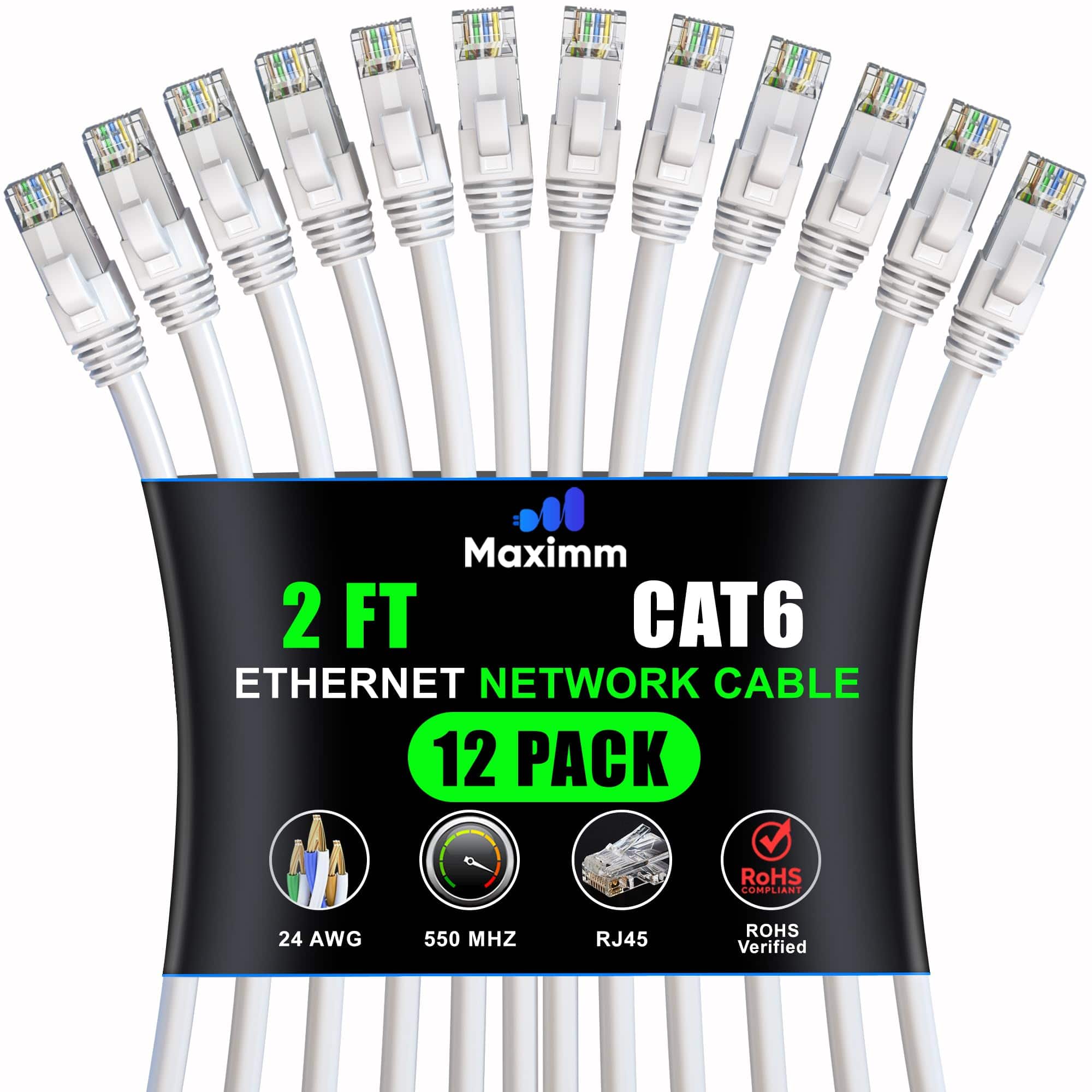 Maximm - Cat 6 Ethernet Cable 2 ft (12-Pack) - UTP, 10Gbps, 550MHz