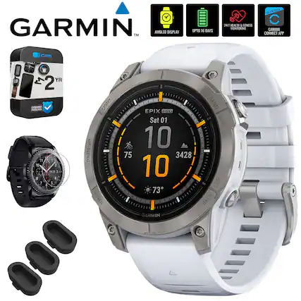 GARMIN™ AMOLED DISPLAY UPTO 16 DAYS AW 24/1 HEALTH & FITNESS MONITORING CLANMIN C GARMIN CONNECT APP CPS YR 2 EXTXDES PROFEICTION 11 1 10 1 10 1 8 I 7 5 b LIGHT en MENU NMD0 75 I EPIX PRO Sat 01 10 3428 10 73 GARMIN START STOP LAP BACK