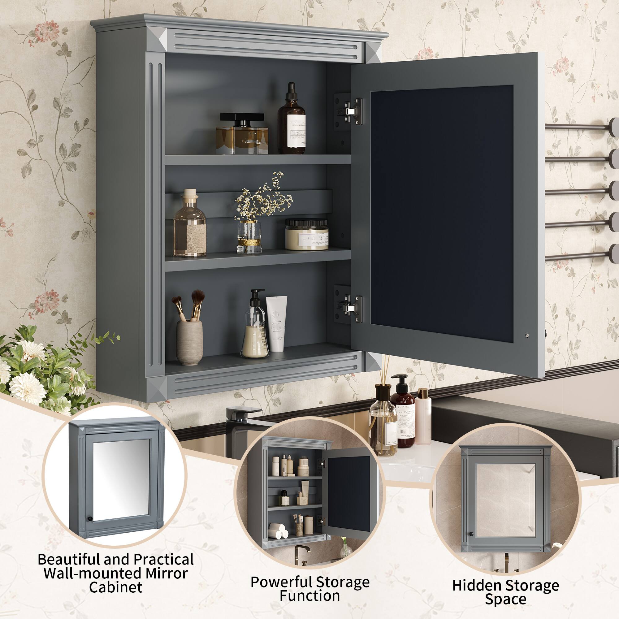 Beautiful and Practical Wall-mounted Mirror Cabinet  
Powerful Storage Function  
Hidden Storage Space