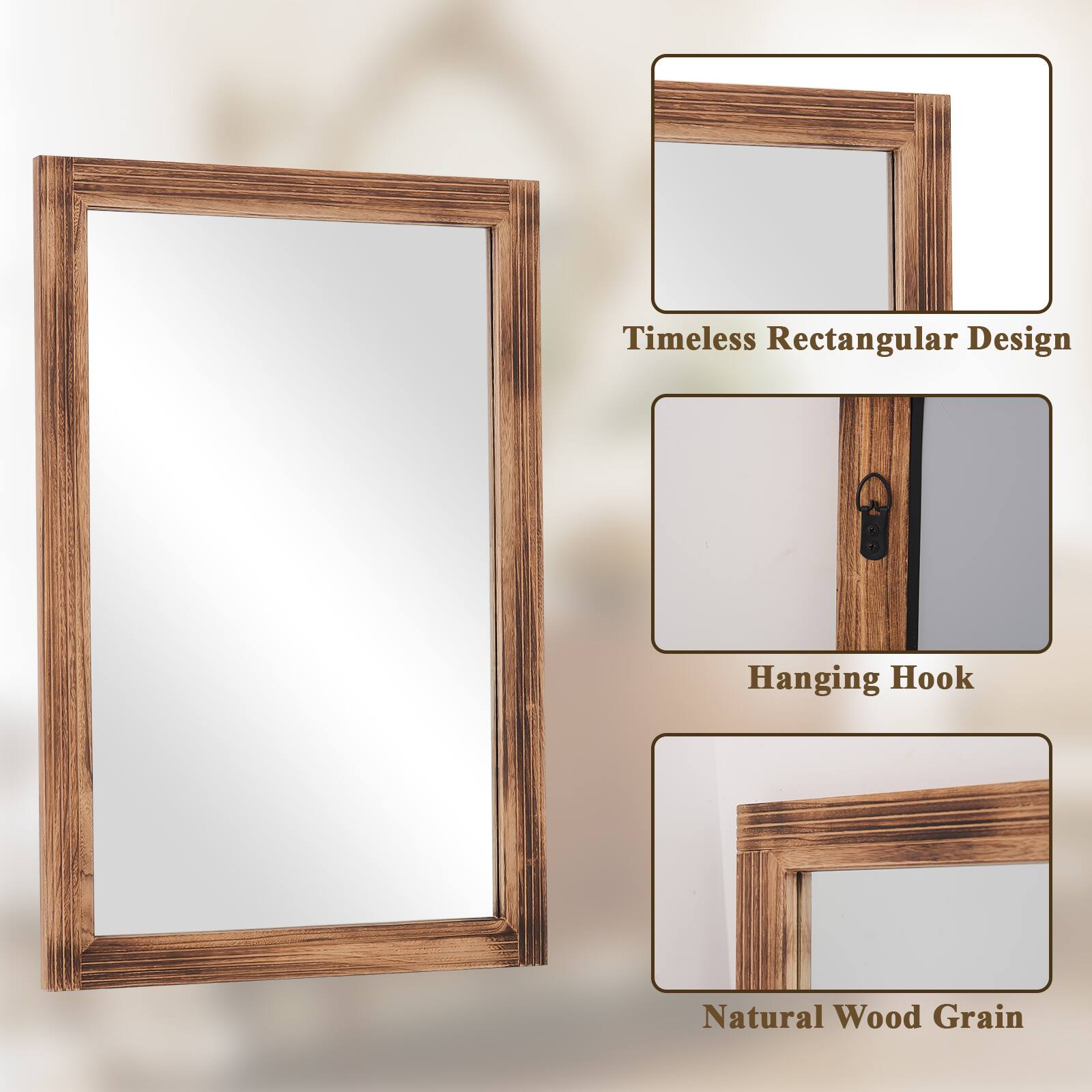 Timeless Rectangular Design  
Hanging Hook  
Natural Wood Grain