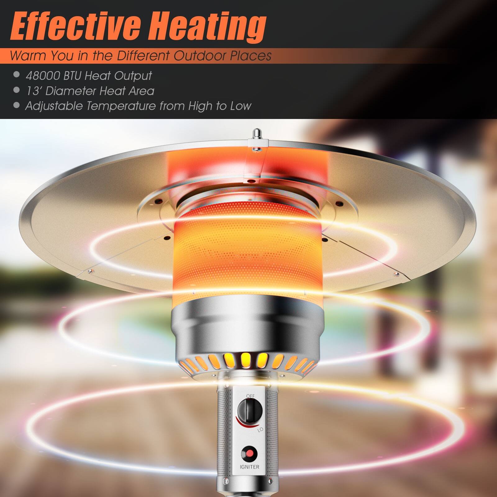 Effective Heating Warm You in the Different Outdoor Places 48000 BTU Heat Output 13' Diameter Heat Area Adjustable Temperature from High to Low OFF GNITER
