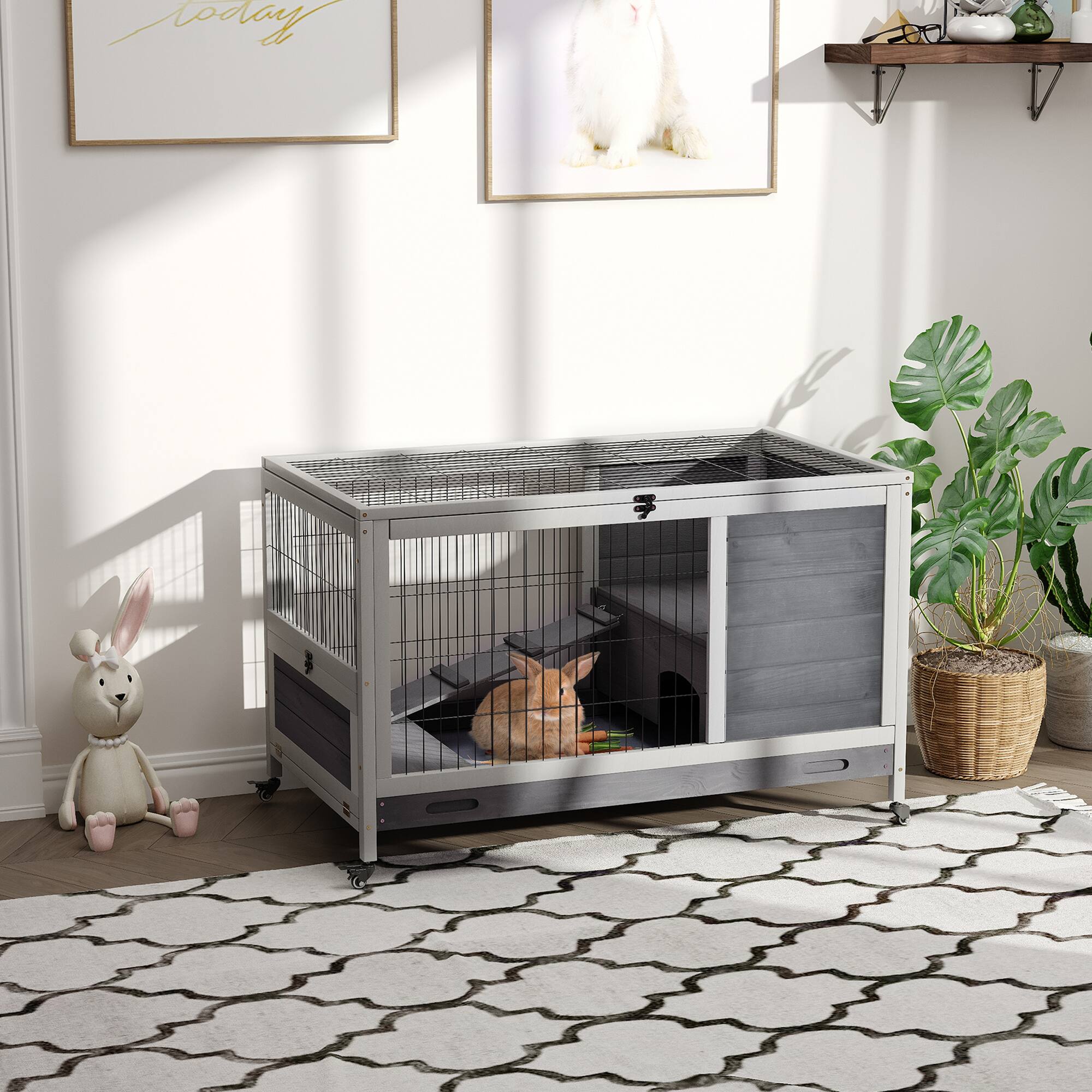 Angle. Pawhut - Wooden Rabbit Hutch Indoor Outdoor, Elevated Bunny Cage with No Leak Tray, Enclosed Run with Wheels, Guinea Pigs.