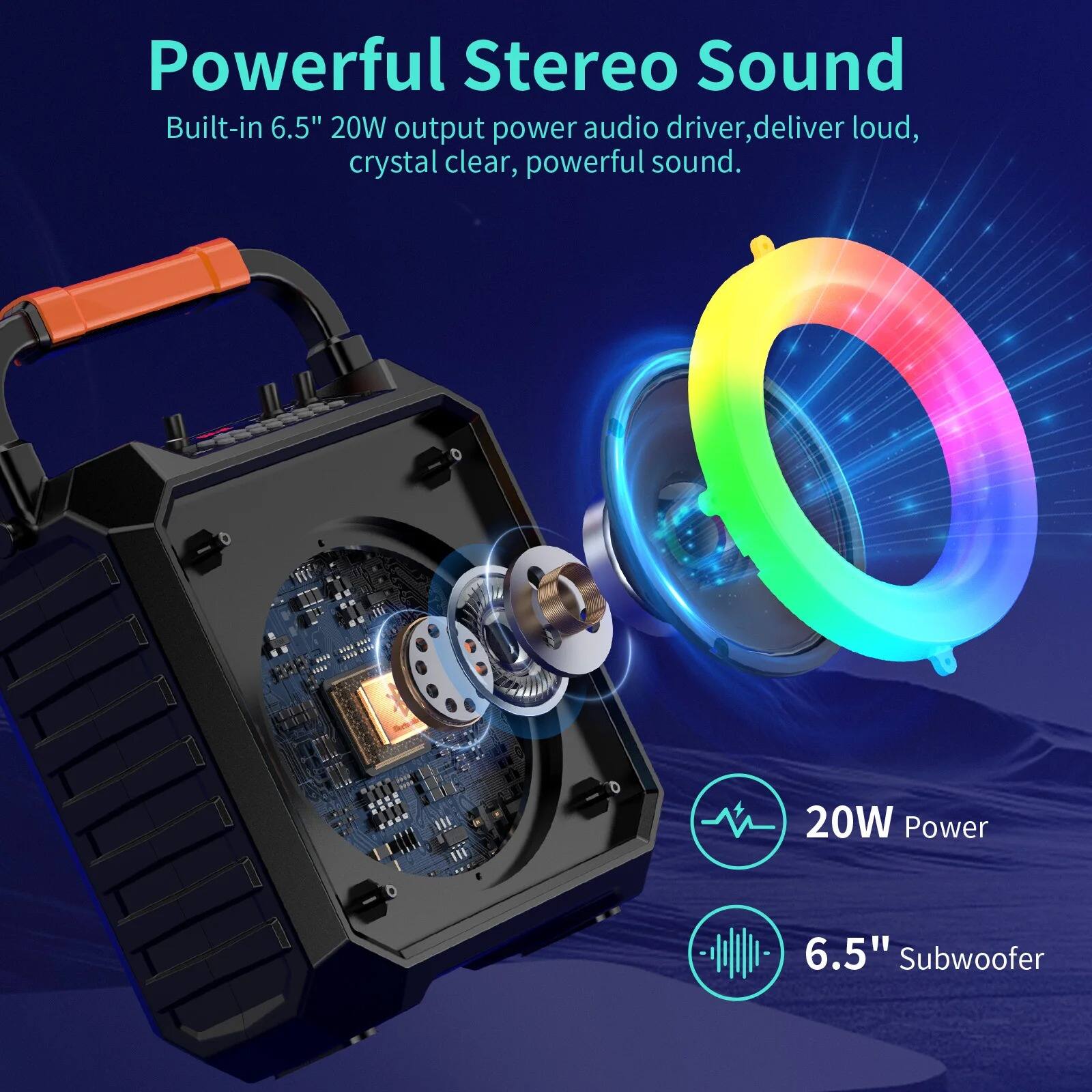 Powerful Stereo Sound  
Built-in 6.5" 20W output power audio driver, deliver loud, crystal clear, powerful sound.  
20W Power  
6.5" Subwoofer