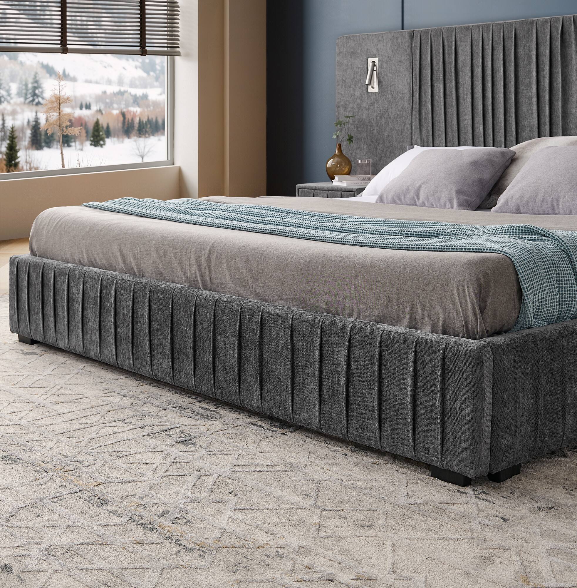 Left. Anysun - King Chenille Upholstered Platform Bed with Pleated Design & Headboard - Solid Frame, Side Table, No Box Spring Needed - Grey.