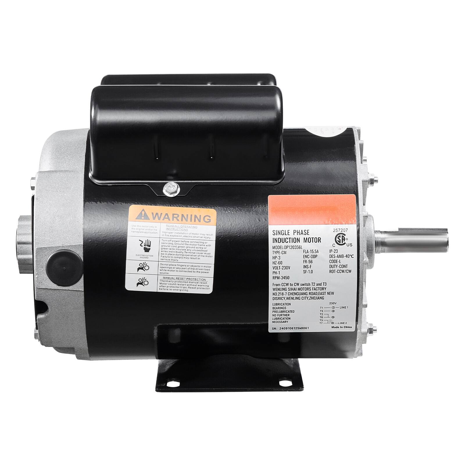 **WARNING**

**SINGLE PHASE INDUCTION MOTOR**

- **MODEL:** 257207
- **TYPE:** CM
- **FLA:** 15.5A
- **HP:** 3
- **V:** 230V
- **PH:** 1
- **RPM:** 3450
- **ENC-COP:** DES-AM8-40C
- **IP:** 23
- **ROT:** CCW/CW
- **DUTY:** CONT
- **SF:** 10
- **N/6C:** FR-56
- **COC:** L
- **VXLT:** -230V
- **DES-AM8-40C**
- **N/6C:** FR-56
- **COC:** L
- **VXLT:** -230V
- **DUTY:** CONT
- **PH:** 1
- **RPM:** 3450
- **L COW:** CR switch 12
- **NLING SHA MOTORS FACTORY NO:** 40.218-