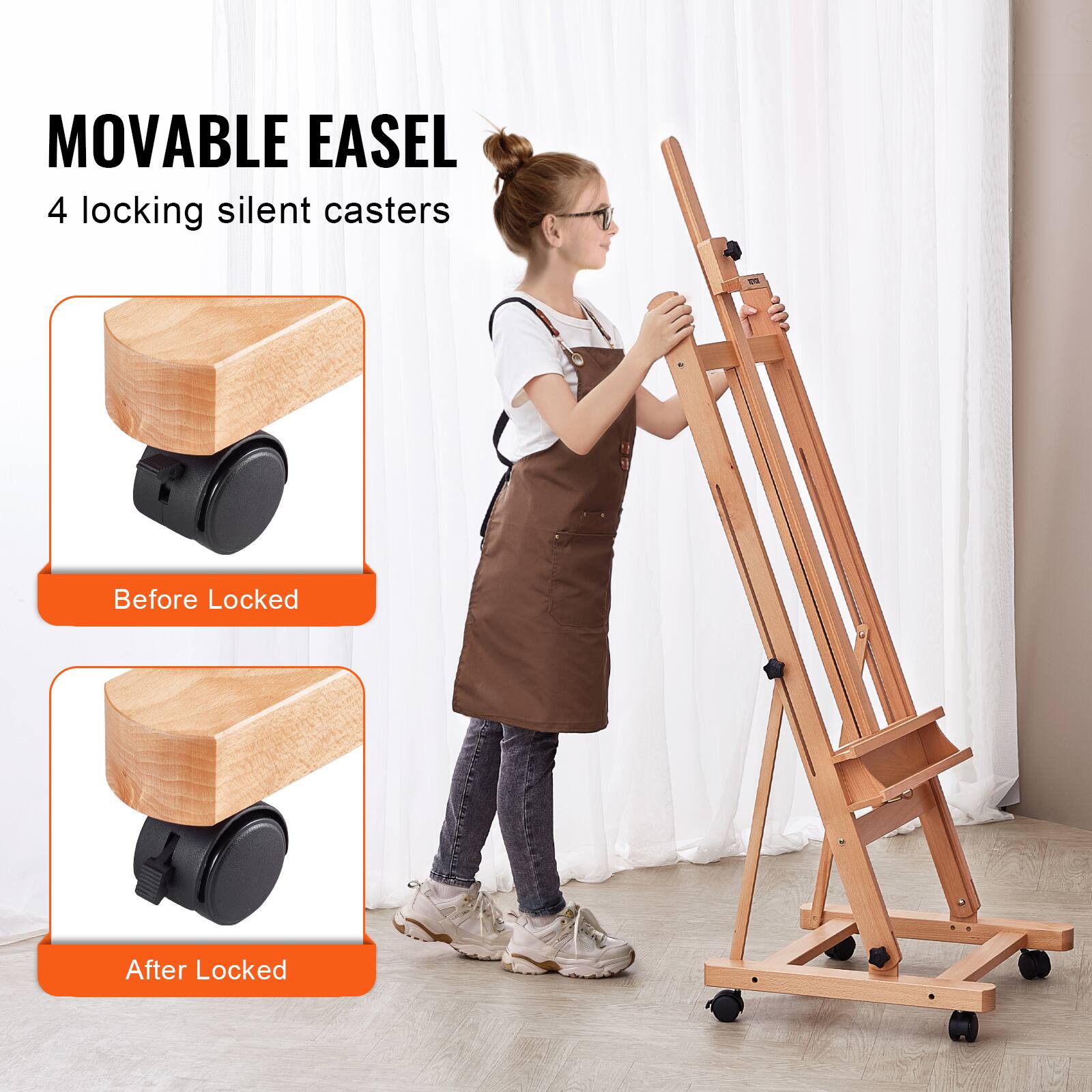 MOVABLE EASEL  
4 locking silent casters  

Before Locked  

After Locked