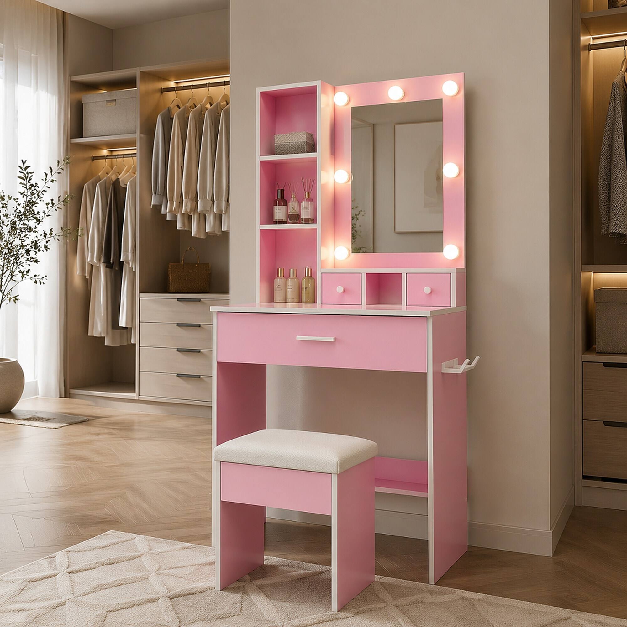 Left. RYHNUYNE - Pink Vanity Table with Lighted Mirror, Adjustable LED Lights, Power Outlet, Hairdryer Holder, Stool, Compact Dressing - Pink.