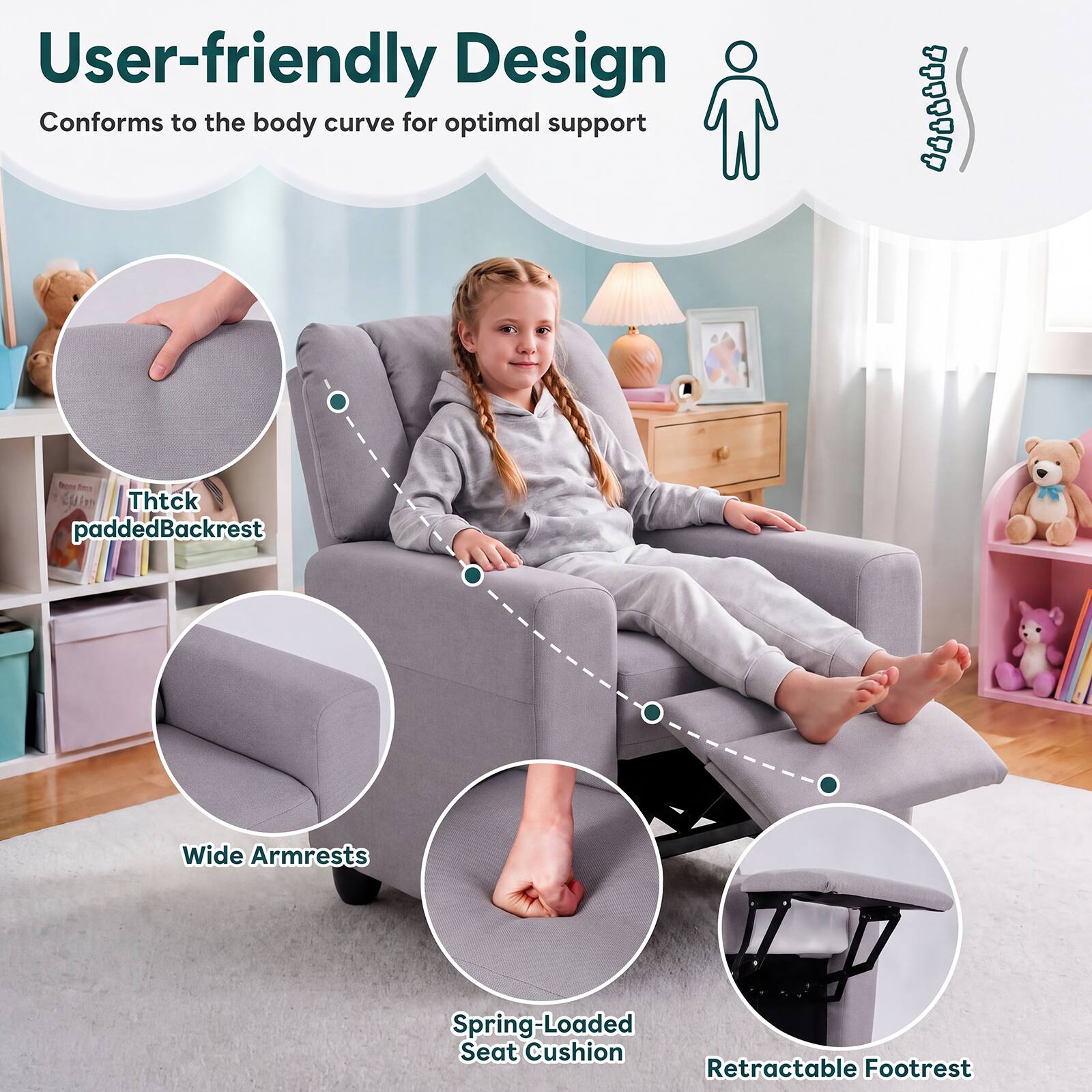 User-friendly Design Conforms to the body curve for optimal support

- Thick padded Backrest
- Wide Armrests
- Spring-Loaded Seat Cushion
- Retractable Footrest