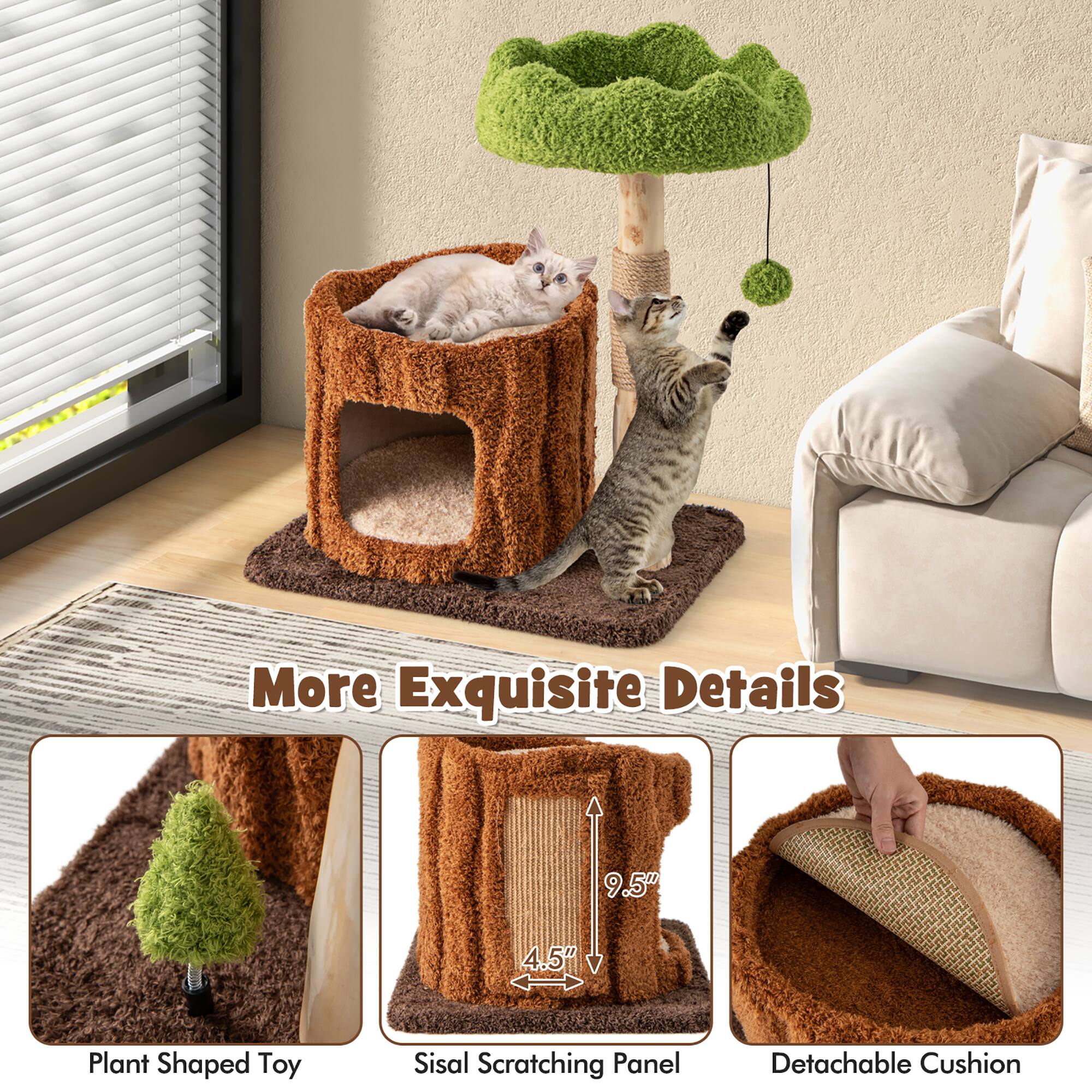 More Exquisite Details

- Plant Shaped Toy
- Sisal Scratching Panel (9.5" x 4.5")
- Detachable Cushion

Site Details