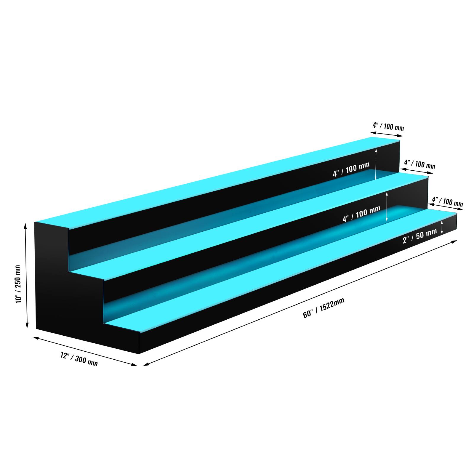 - 4" / 100 mm
- 4" / 100 mm
- 4" / 100 mm
- 4" / 100 mm
- 4" / 50 mm
- 10" / 250 mm
- 12" / 300 mm
- 60" / 1522 mm