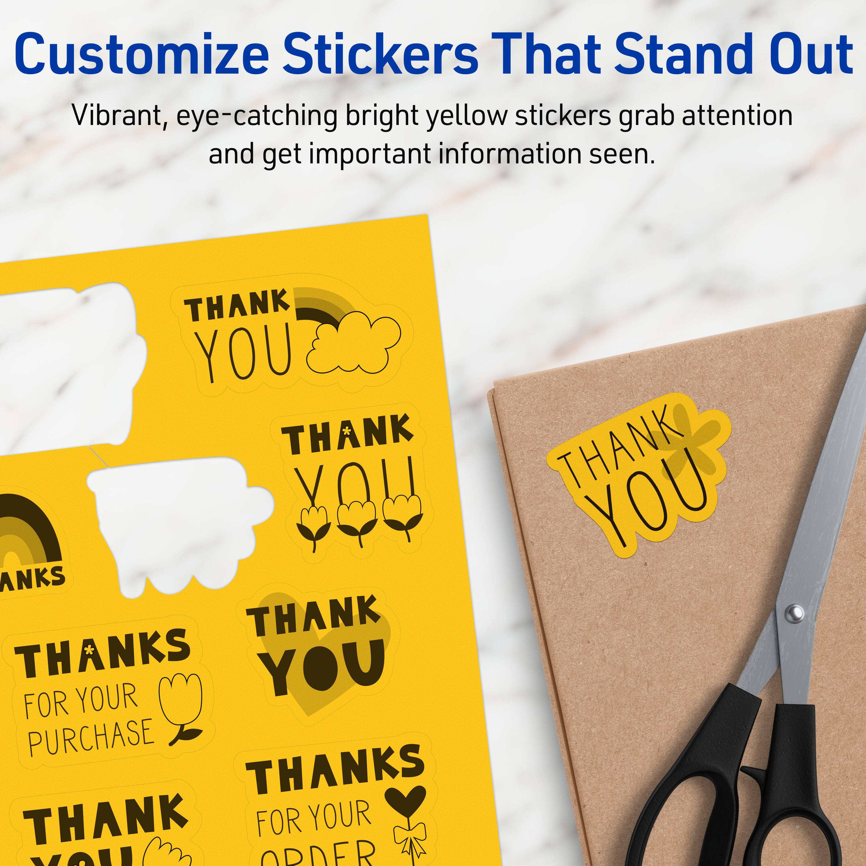 Customize Stickers That Stand Out

Vibrant, eye-catching bright yellow stickers grab attention and get important information seen.

THANK YOU

THANKS

THANKS FOR YOUR PURCHASE

THANK YOU

THANKS FOR YOUR ORDER