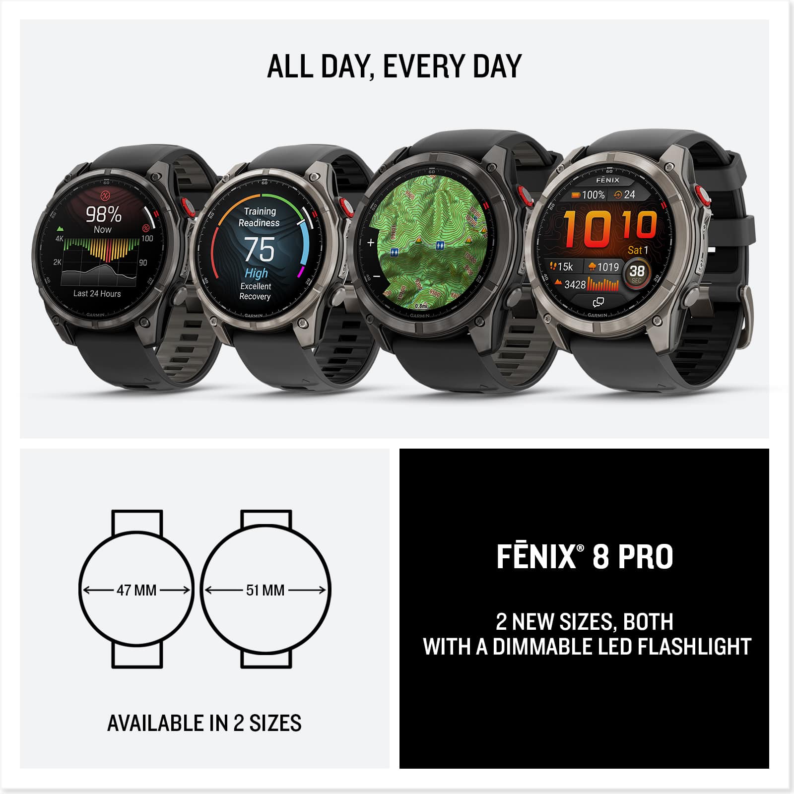 ALL DAY, EVERY DAY
98% Now
Last 24 Hours 100 90
Training Readiness 75
High Excellent Recovery
10 10
Sat 1
15k 1019 38
3428
FÉNIX 8 PRO
2 NEW SIZES, BOTH WITH A DIMMABLE LED FLASHLIGHT
AVAILABLE IN 2 SIZES
47 MM
51 MM