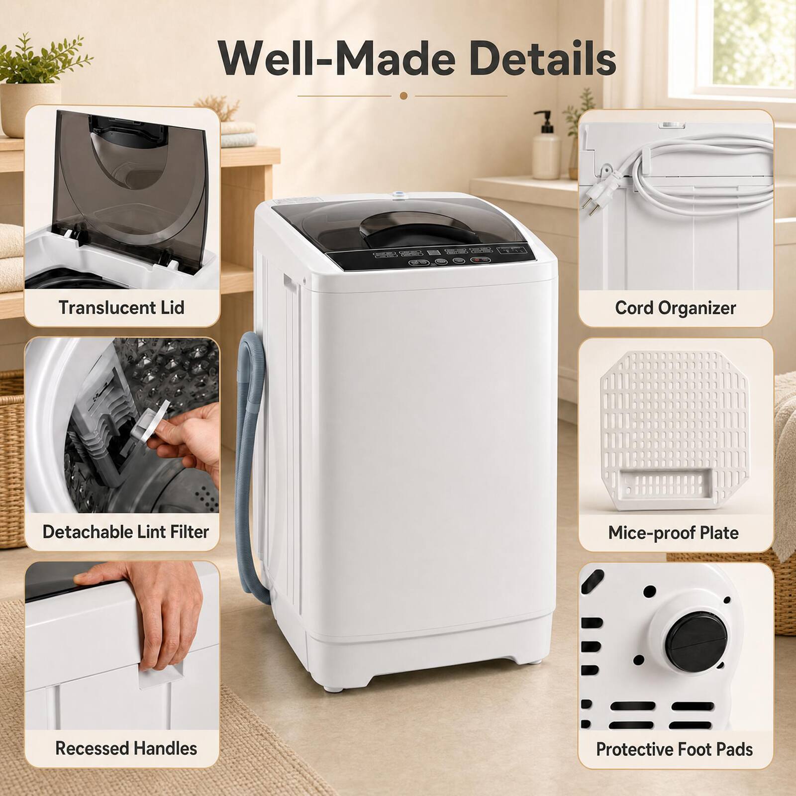 Well-Made Details

- Translucent Lid
- Cord Organizer
- Detachable Lint Filter
- Mice-proof Plate
- Recessed Handles
- Protective Foot Pads