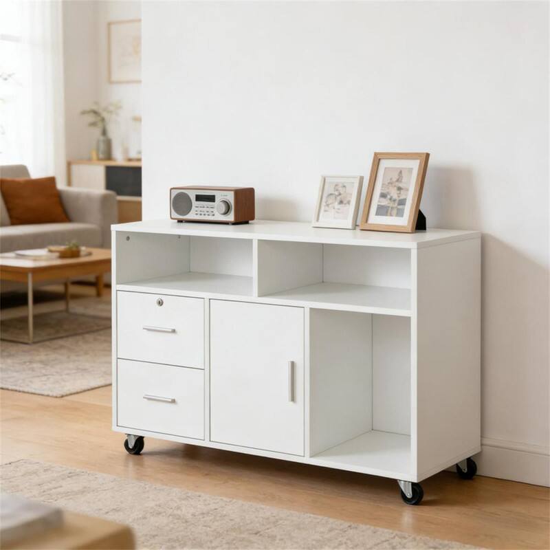 Alt View 4. HTUTWOO - Mobile File Cabinet,Printer Stand Unit,Storage Cabinet with Lockable Drawers and 3 Shelves,Rolling Organizer with Wheels - White.