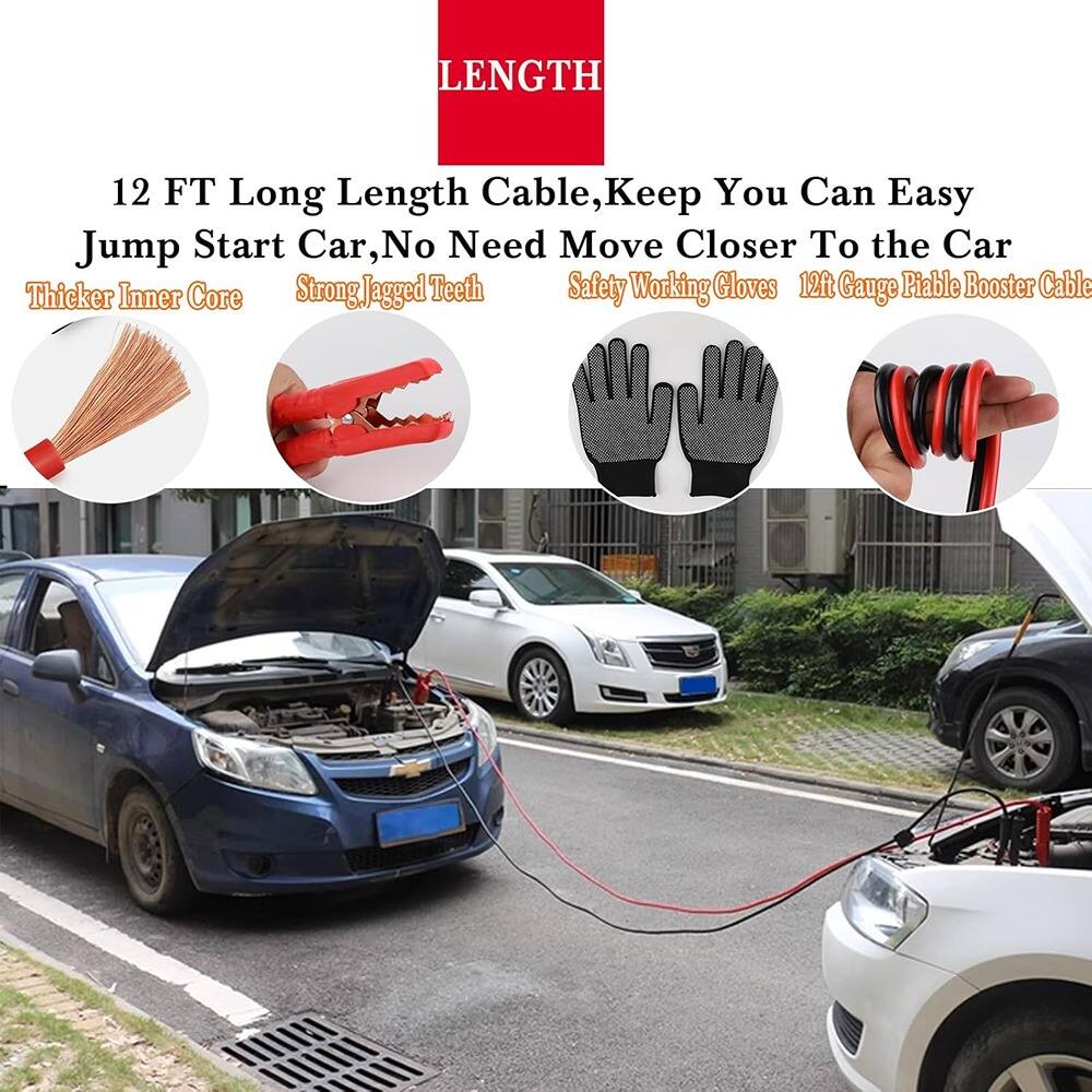**LENGTH**

12 FT Long Length Cable, Keep You Can Easy Jump Start Car, No Need Move Closer To the Car

- Thicker Inner Core
- Strong Jagged Teeth
- Safety Working Gloves
- 12ft Gauge Pliable Booster Cable