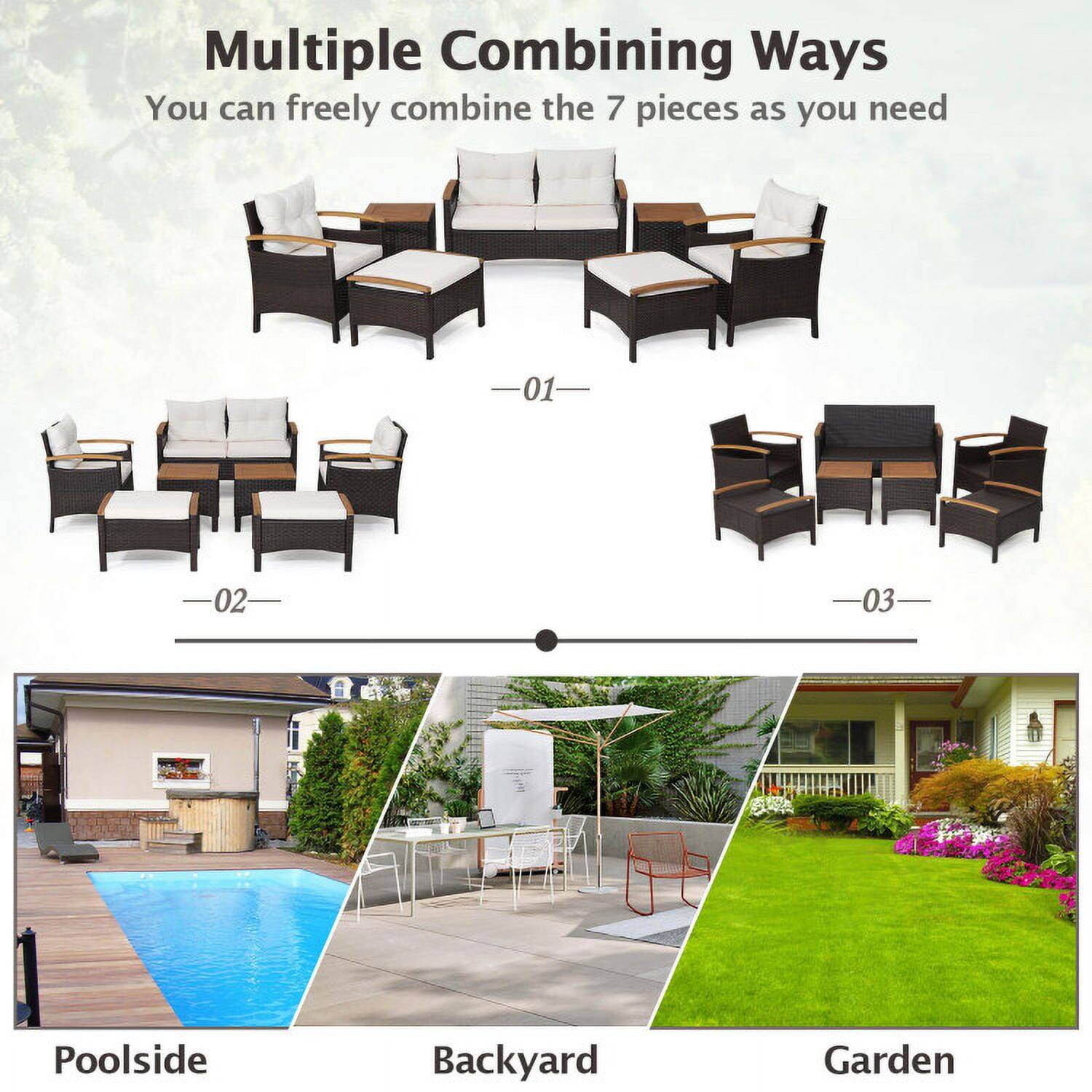 Multiple Combining Ways  
You can freely combine the 7 pieces as you need  

01  
02  
03  

Poolside  
Backyard  
Garden