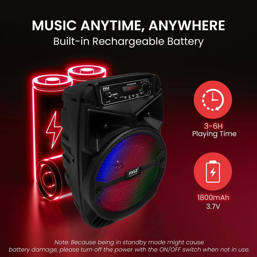 MUSIC ANYTIME, ANYWHERE  
Built-in Rechargeable Battery  

3-6H Playing Time  
1800mAh 3.7V  

Note: Because being in standby mode might cause battery damage, please turn off the power with the ON/OFF switch when not in use.