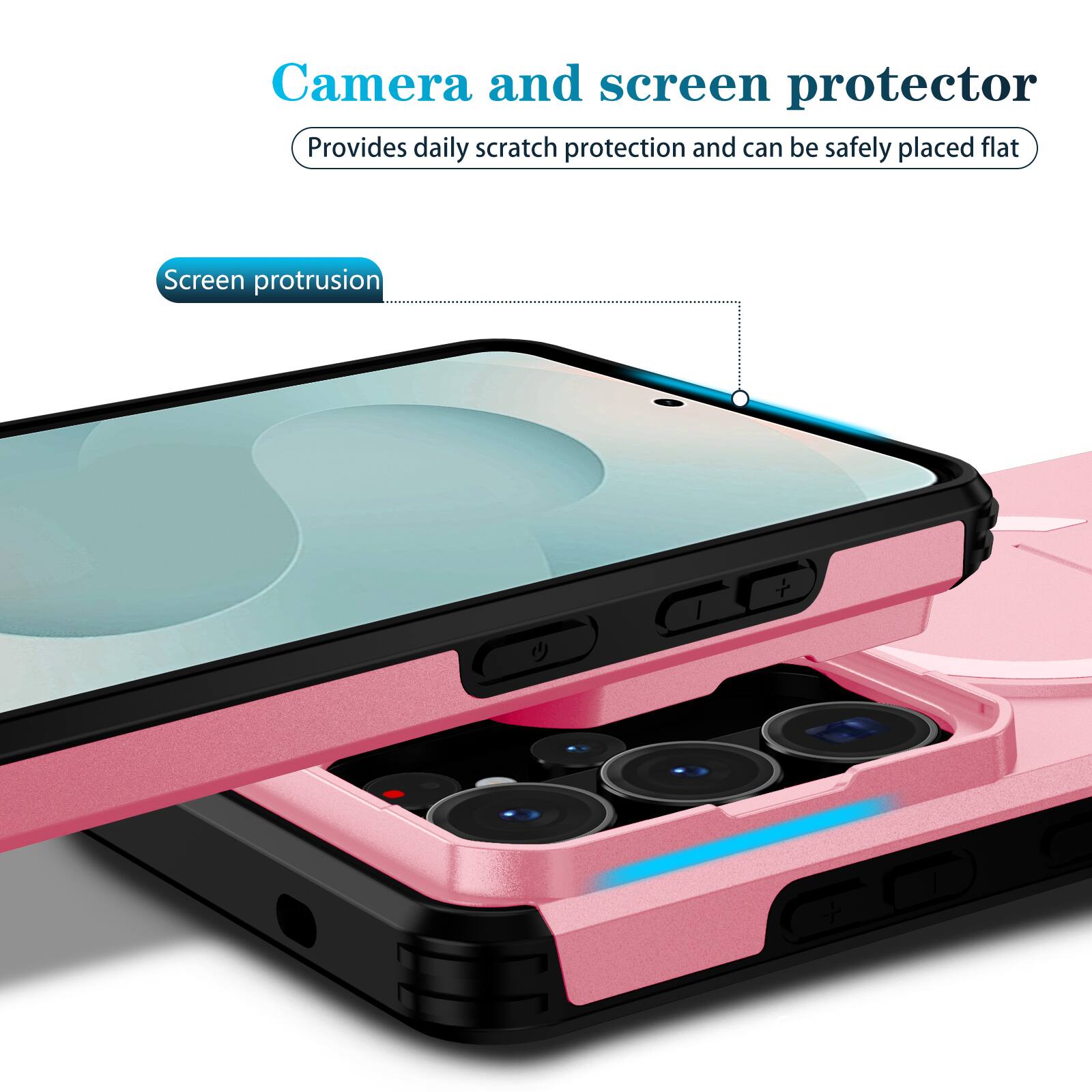 Camera and screen protector  
Provides daily scratch protection and can be safely placed flat  
Screen protrusion