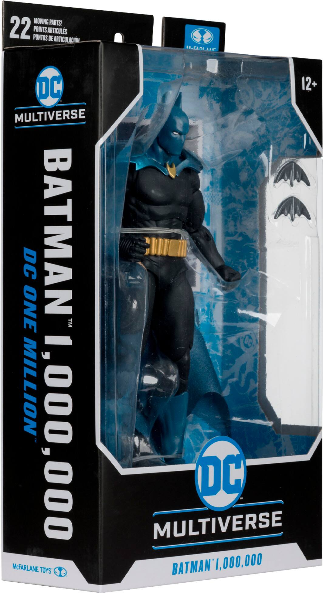 The text on the image reads: "Moving parts! 22 points of articulation. DC Multiverse One Million 1,000,000 McFarlane Toys 12+ DC Multiverse Batman."