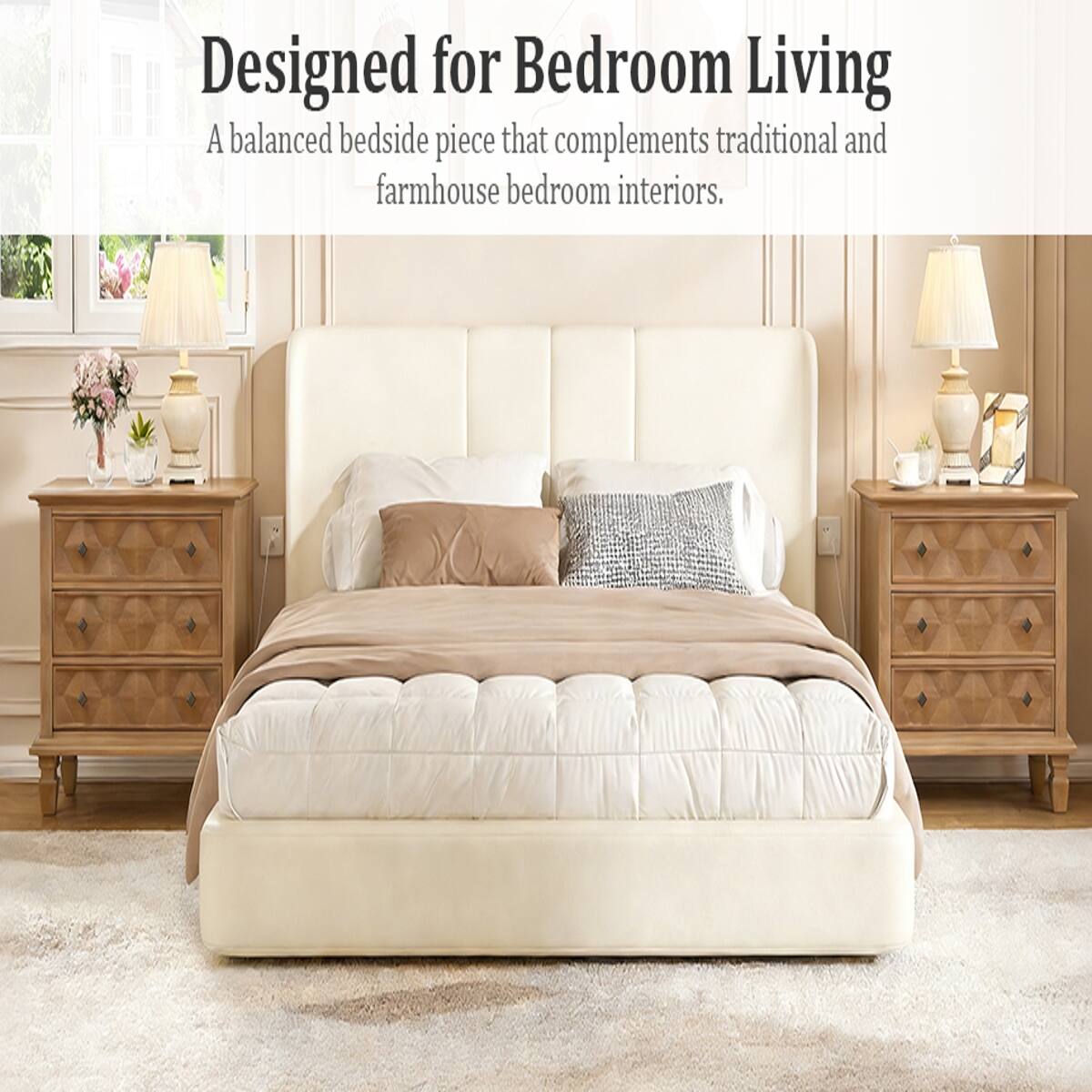 Designed for Bedroom Living  
A balanced bedside piece that complements traditional and farmhouse bedroom interiors.