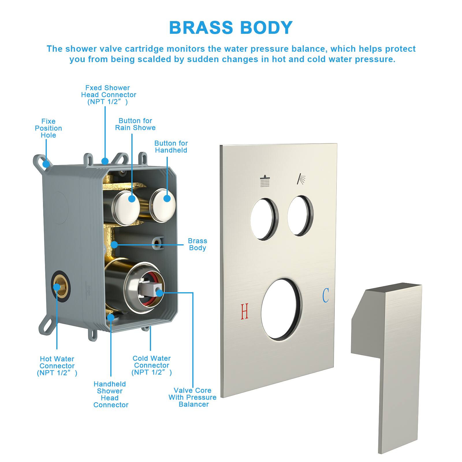 **BRASS BODY**

The shower valve cartridge monitors the water pressure balance, which helps protect you from being scalded by sudden changes in hot and cold water pressure.

- Fixed Shower Head Connector (NPT 1/2")
- Fixe Position Hole
- Button for Rain Shower
- Button for Handheld
- Brass Body
- Hot Water Connector (NPT 1/2")
- Cold Water Connector (NPT 1/2")
- Handheld Shower Head Connector
- Valve Core With Pressure Balancer