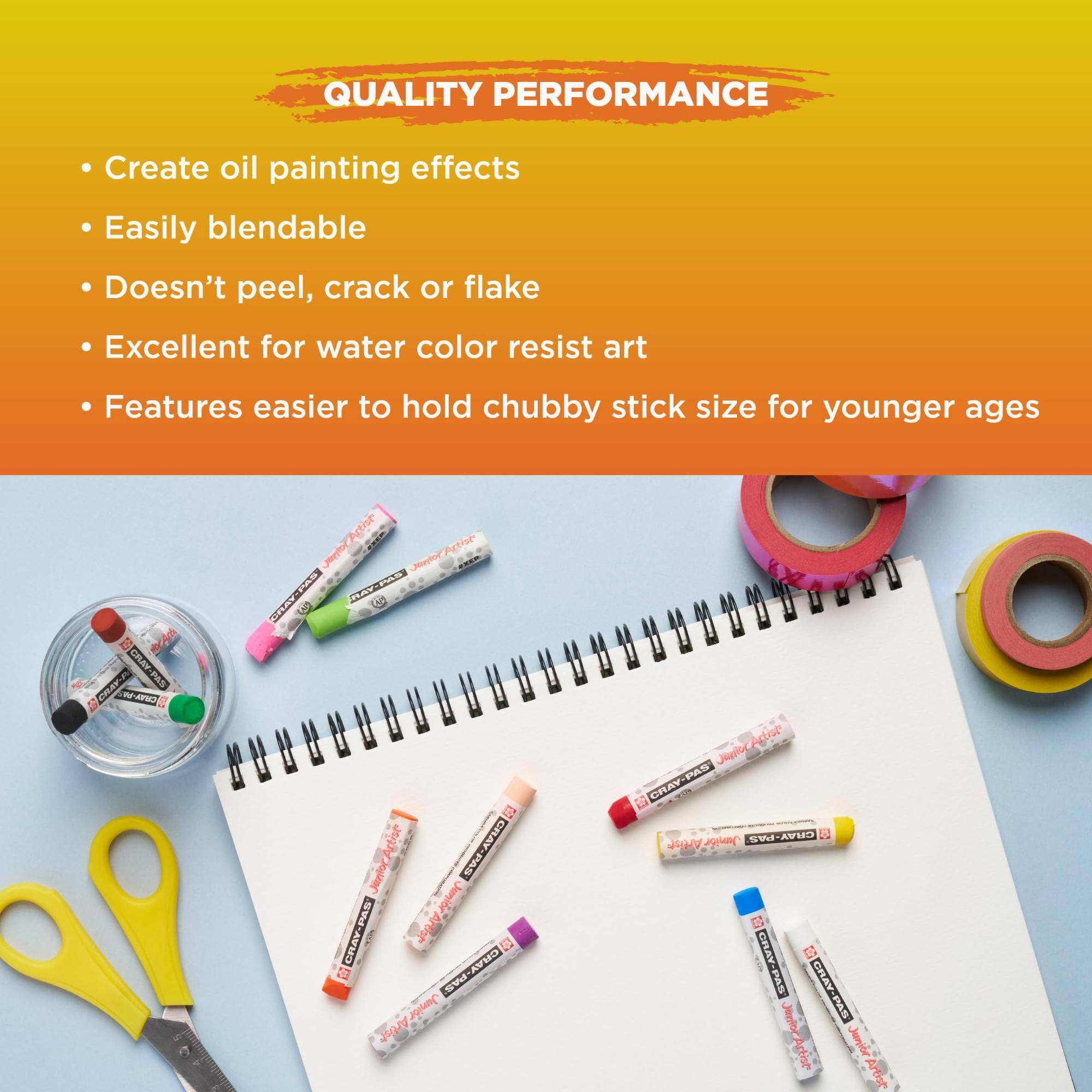 QUALITY PERFORMANCE

- Create oil painting effects
- Easily blendable
- Doesn't peel, crack or flake
- Excellent for water color resist art
- Features easier to hold chubby stick size for younger ages

CRAY-PAS Junior Artist