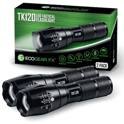 TK120 LED Tactical Flashlight
ECOGEAR FX
2 Pack
Super Zoomable Design
Bright
Water Resistant
Shock Resistant
Five Modes
AAA Batteries