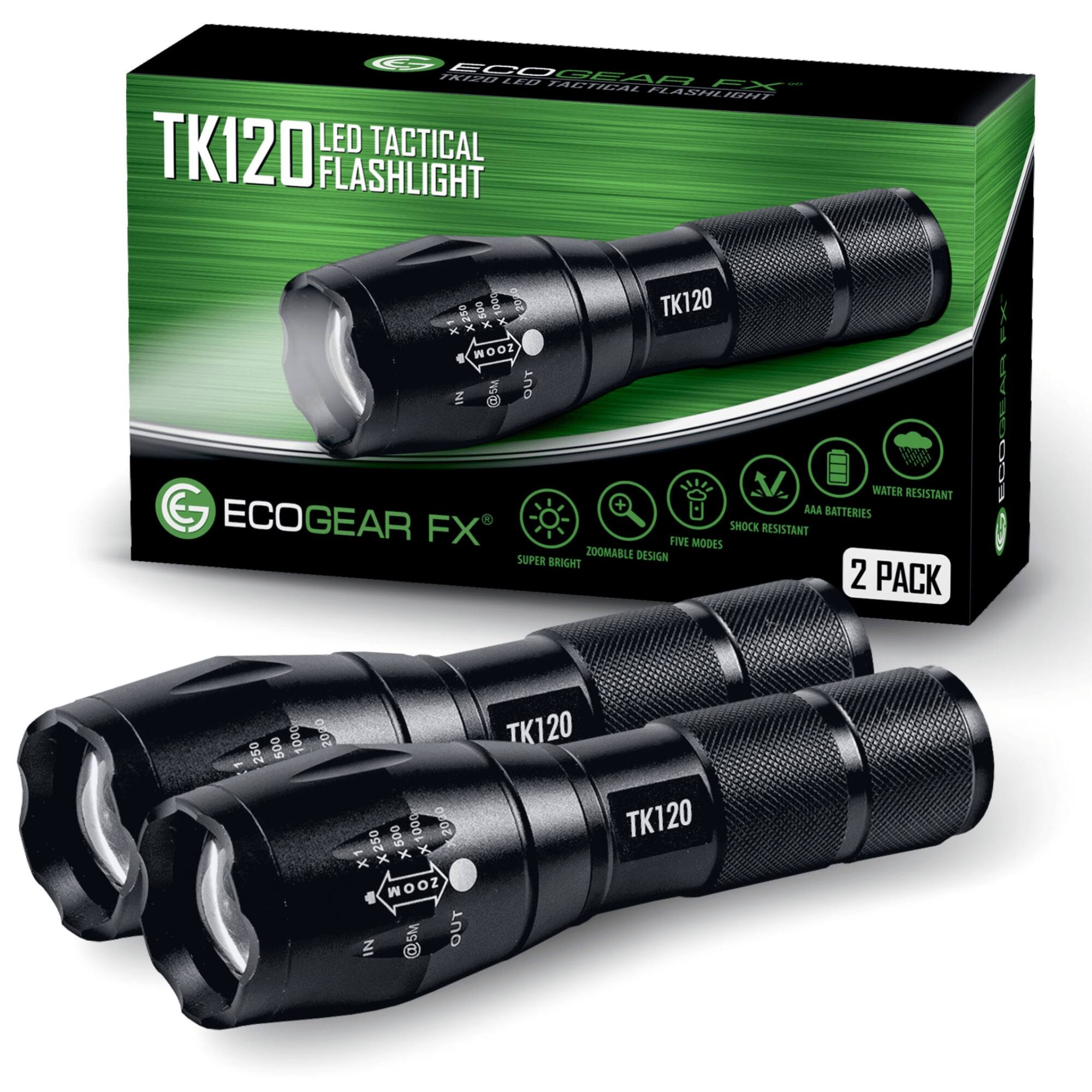 TK120 LED Tactical Flashlight  
ECOGEAR FX  
2 Pack  
Super Zoomable Design  
Bright  
Water Resistant  
Shock Resistant  
Five Modes  
AAA Batteries