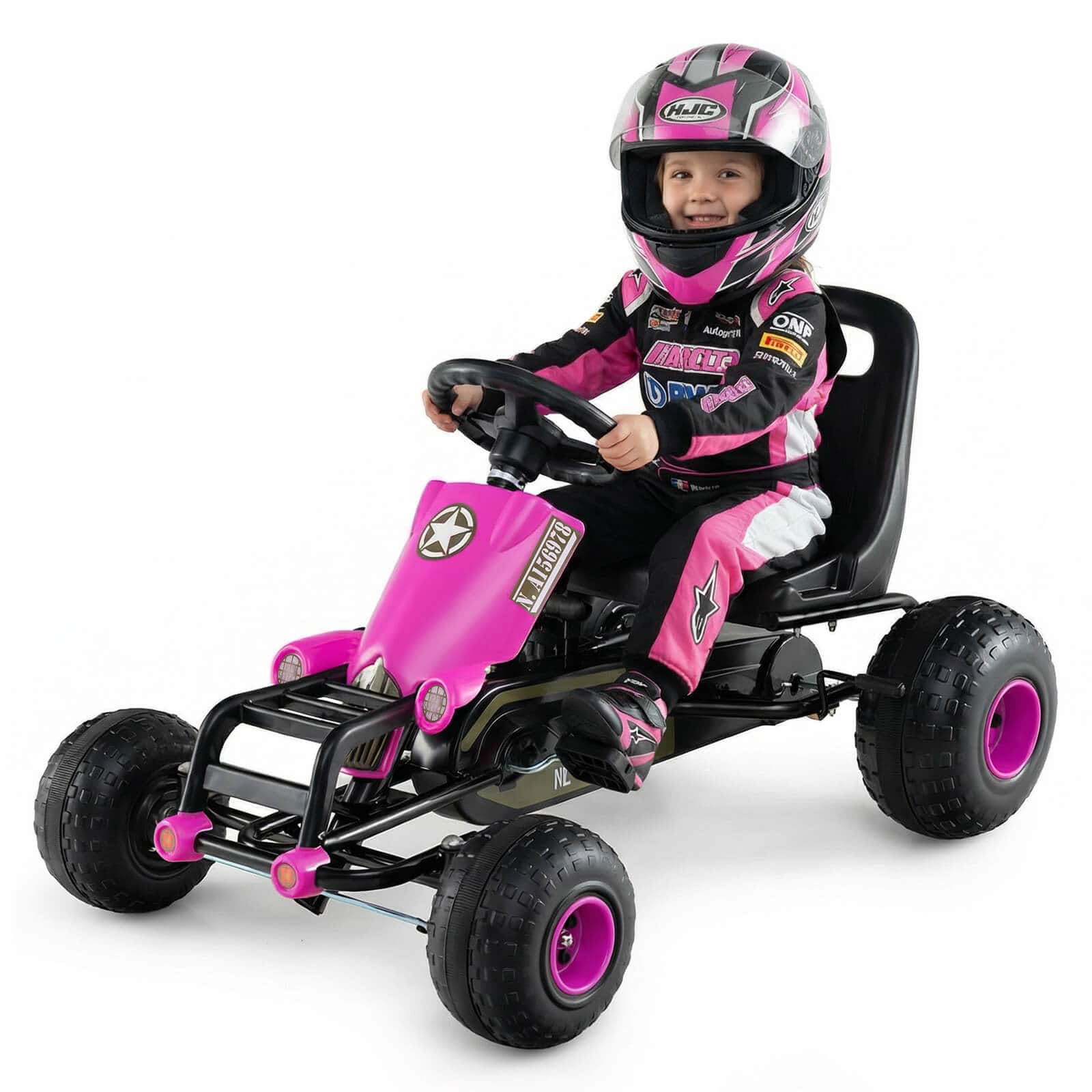 Costway - 4-Wheel Pedal Go Kart with Safety Hand Brake, Steering Wheel and Adjustable Seat - Pink