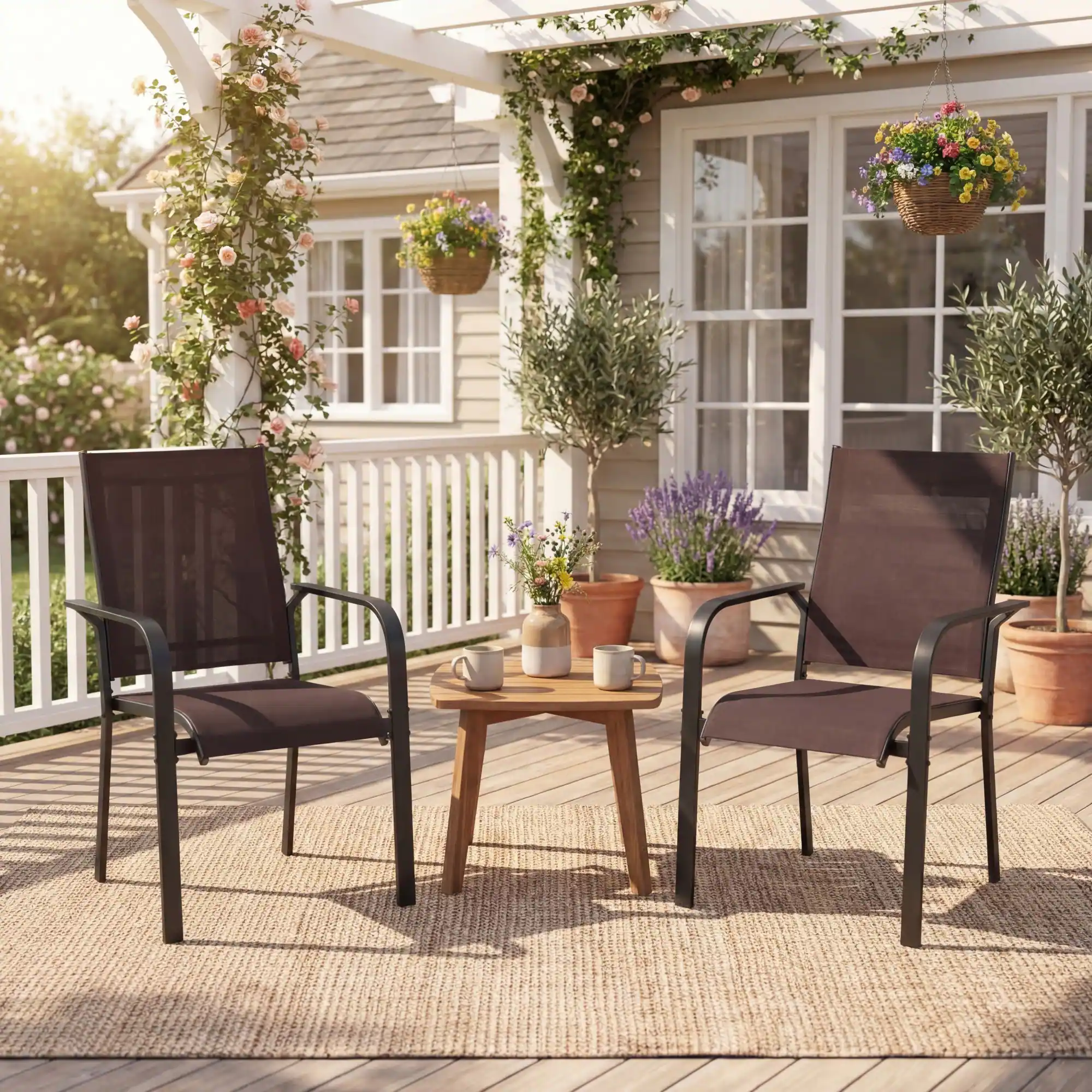Alt View 3. Costway - Costway Patio Dining Chairs Set of 6, Stackable Outdoor Armchairs with Metal Frame,Backrest - Coffee.