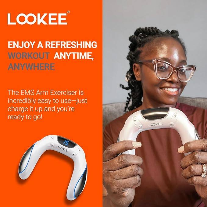 LOOKEE, ENJOY A REFRESHING WORKOUT ANYTIME, ANYWHERE, The EMS Arm Exerciser is incredibly easy to use—just charge it up and you're ready to go! LOOKEE, M, LOOKEE, +, M, 15, LOOKEE