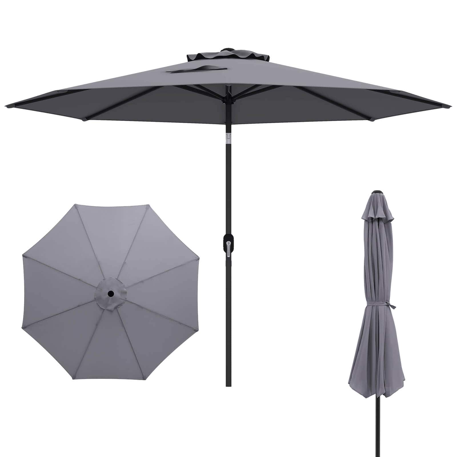 Costway - Outdoor Heavy Duty Market Umbrella with Tilt Mechanism Crank Handle 8 Sturdy Ribs - Gray