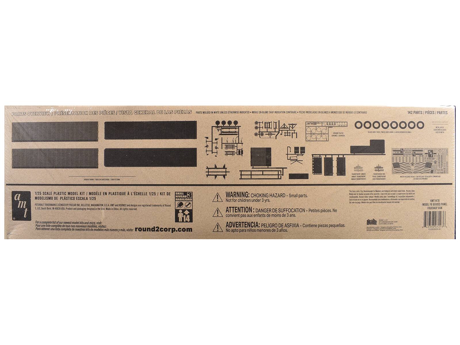 **Parts Overview / Présentation des Pièces / Vista General de las Piezas**

- **142 Parts / Pièces / Partes**
- **1/25 Scale Plastic Model Kit / Modèle en Plastique à l'Échelle 1/25 / Kit de Modelo de Plástico Escala 1/25**
- **Parts Molded in White Unless Otherwise Indicated / Moulé en Blanc Sauf Indication Contraire / Piezas Modeladas en Blanco a Menos Que Se Indique lo Contrario**

**Warning: Choking Hazard - Small parts. Not for children under 3 yrs.**
**Attention: Danger de Suffocation - Petites pièces. Ne convient pas aux enfants de moins de 3 ans.**
**Advertencia: Peligro de Asfixia - Contiene piezas pequeñas. No apto para niños menores de 3 años.**

**For a complete list of our newest model kits and more, visit: round2corp.com**
**Para obtener una lista completa de nuestros kits de modelos más nuevos y más, visite: round2corp.com**

**Model License:**
- **Patent Trademarks Licensed by: