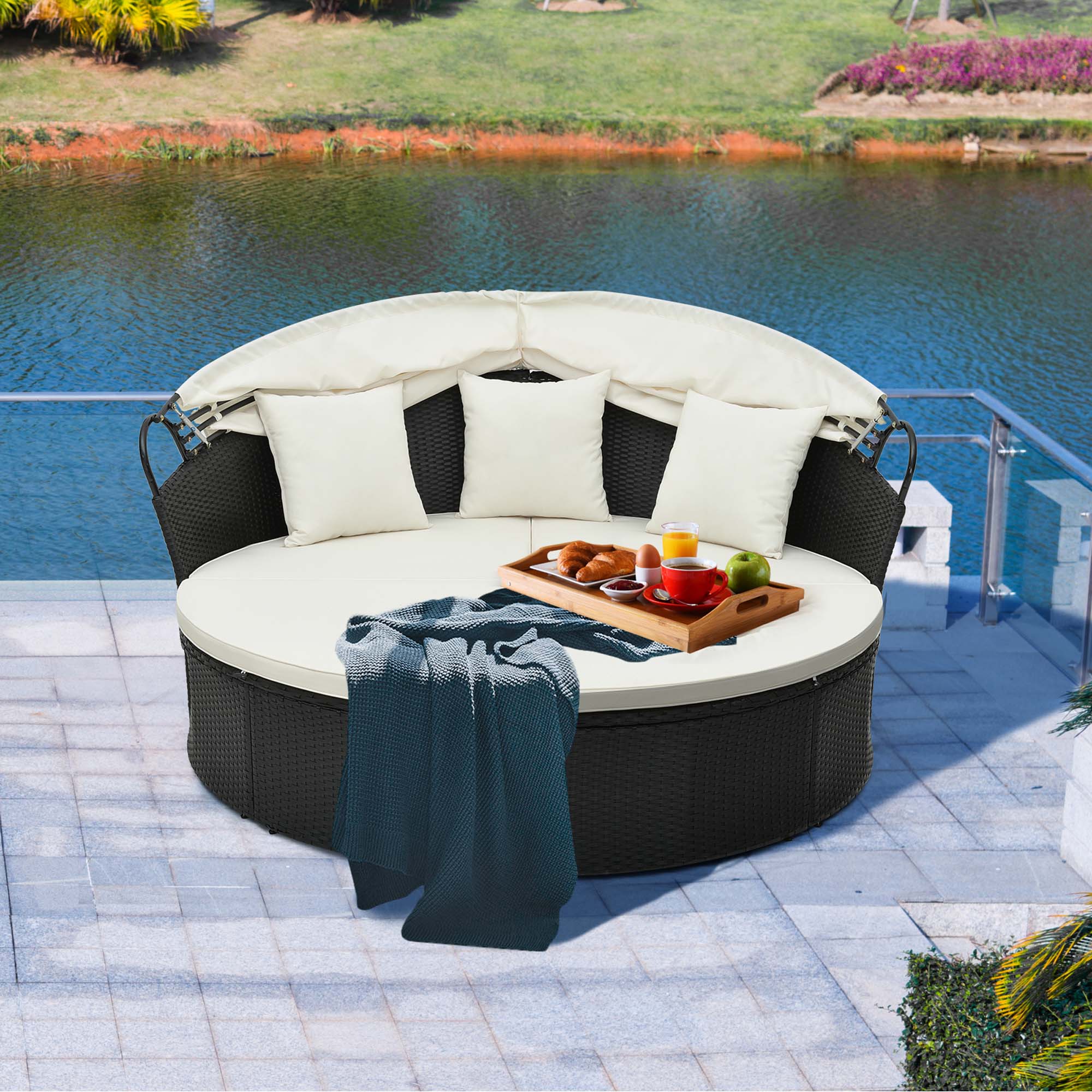 Alt View 4. Costway - Patio Round Daybed with Retractable Canopy Rattan Sectional Seating - Off White.