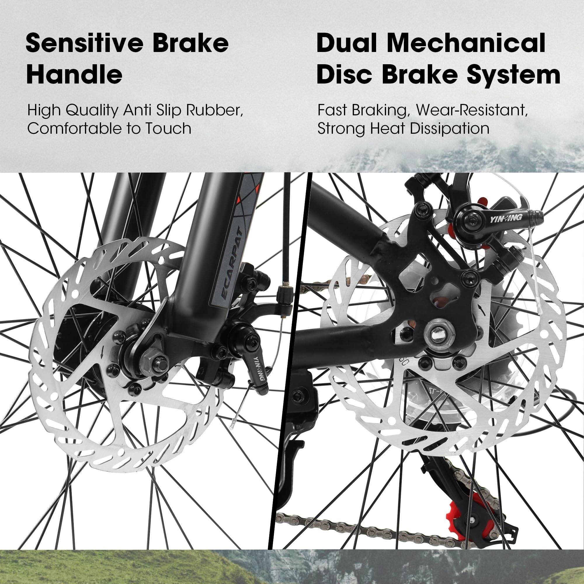 Sensitive Brake Handle  
High Quality Anti Slip Rubber, Comfortable to Touch  

Dual Mechanical Disc Brake System  
Fast Braking, Wear-Resistant, Strong Heat Dissipation  

ECARPAT  
YIN:ING  
YING YIN ONI