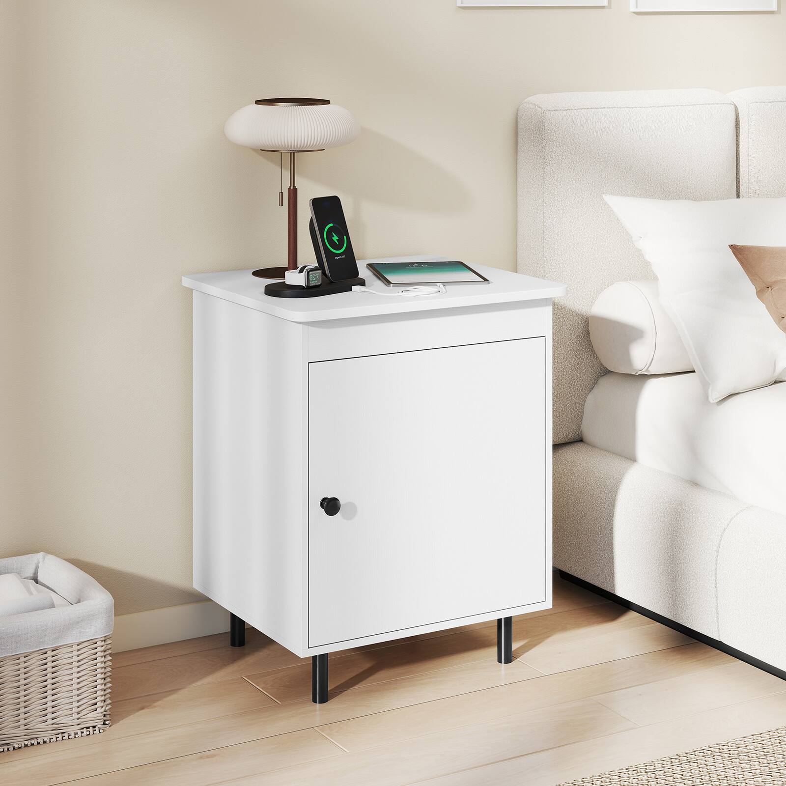 Alt View 1. Gymax - Gymax Nightstand Mid Century Modern End Table w/Door Heavy-Duty Metal Legs for Bedroom - White, Black.