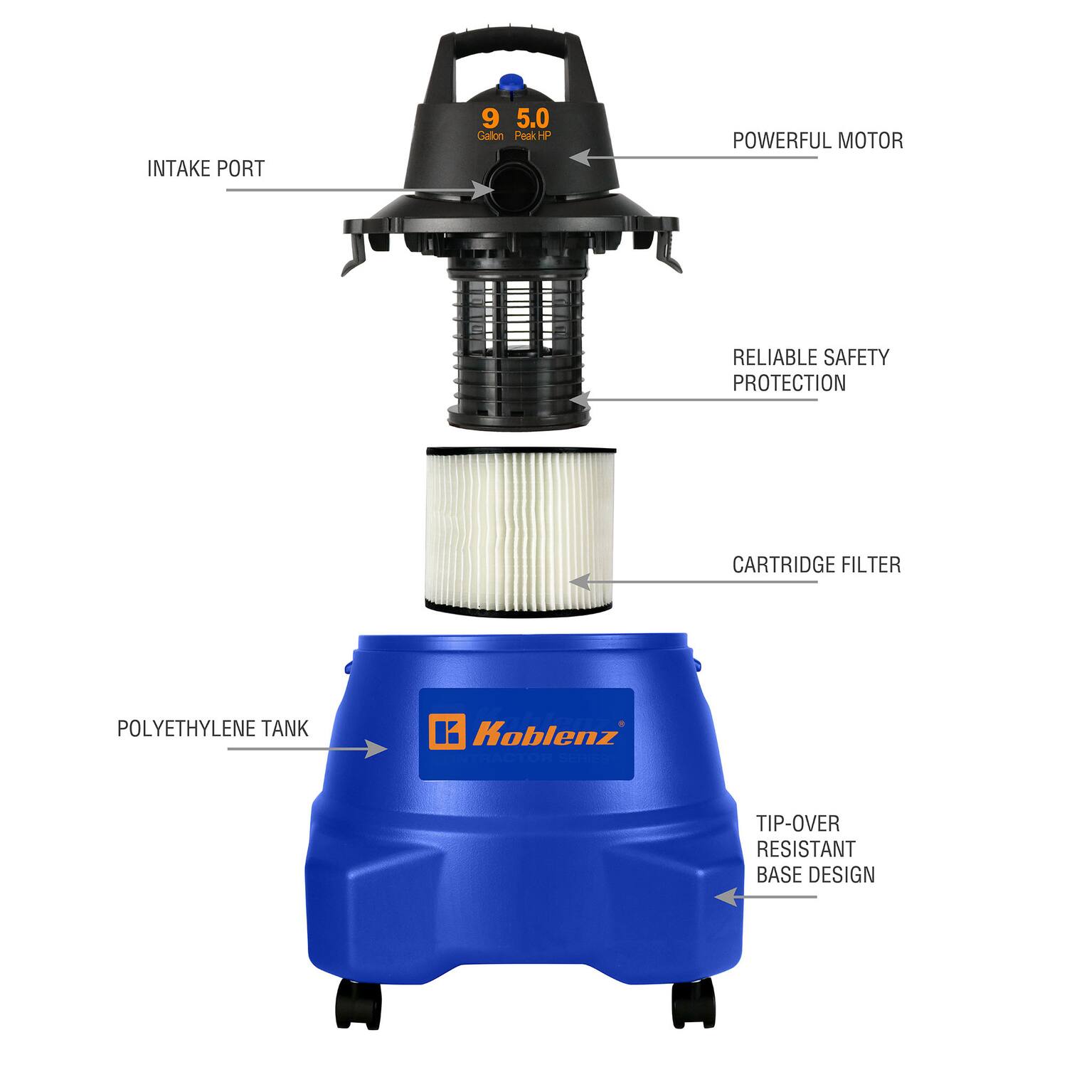 INTAKE PORT  
9.5 Galion Peak HP  
POWERFUL MOTOR  
RELIABLE SAFETY PROTECTION  
CARTRIDGE FILTER  
POLYETHYLENE TANK  
Koblenz  
TIP-OVER RESISTANT BASE DESIGN