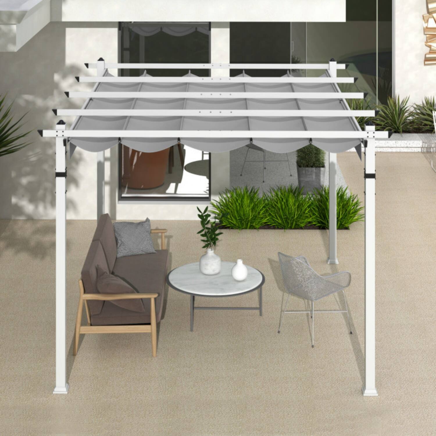 Alt View 4. Mondawe - 12x10 FT Outdoor Pergola w Retractable Canopy & Aluminum Frame 3.2" Columns - Grey+White.