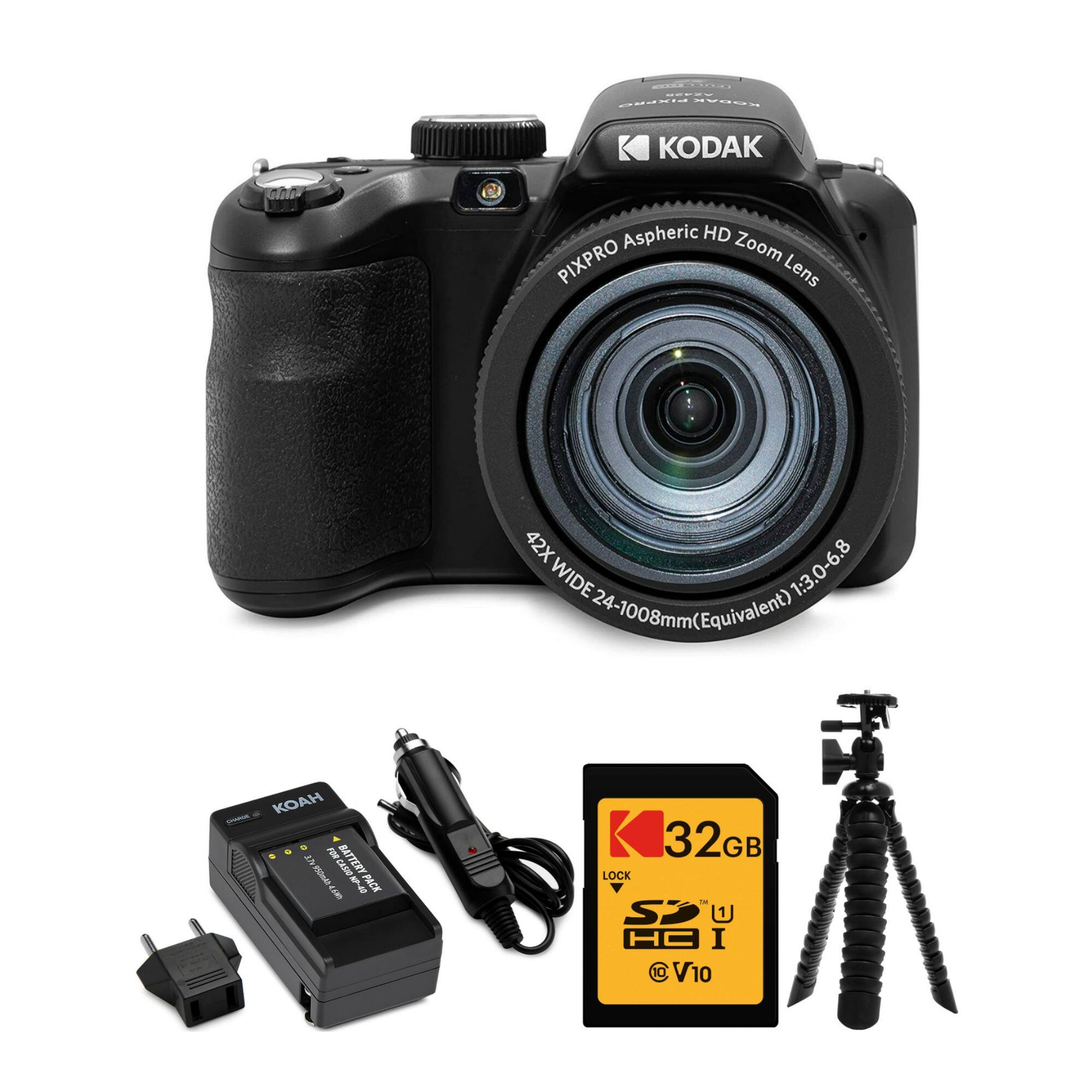 KODAK PIXPRO Aspheric HD Zoom Lens 42X WIDE 1:3.0-6.8 24-1008mm (Equivalent)  
KOAH BATTERY PACK  
32GB SDHC LOCK  
V10