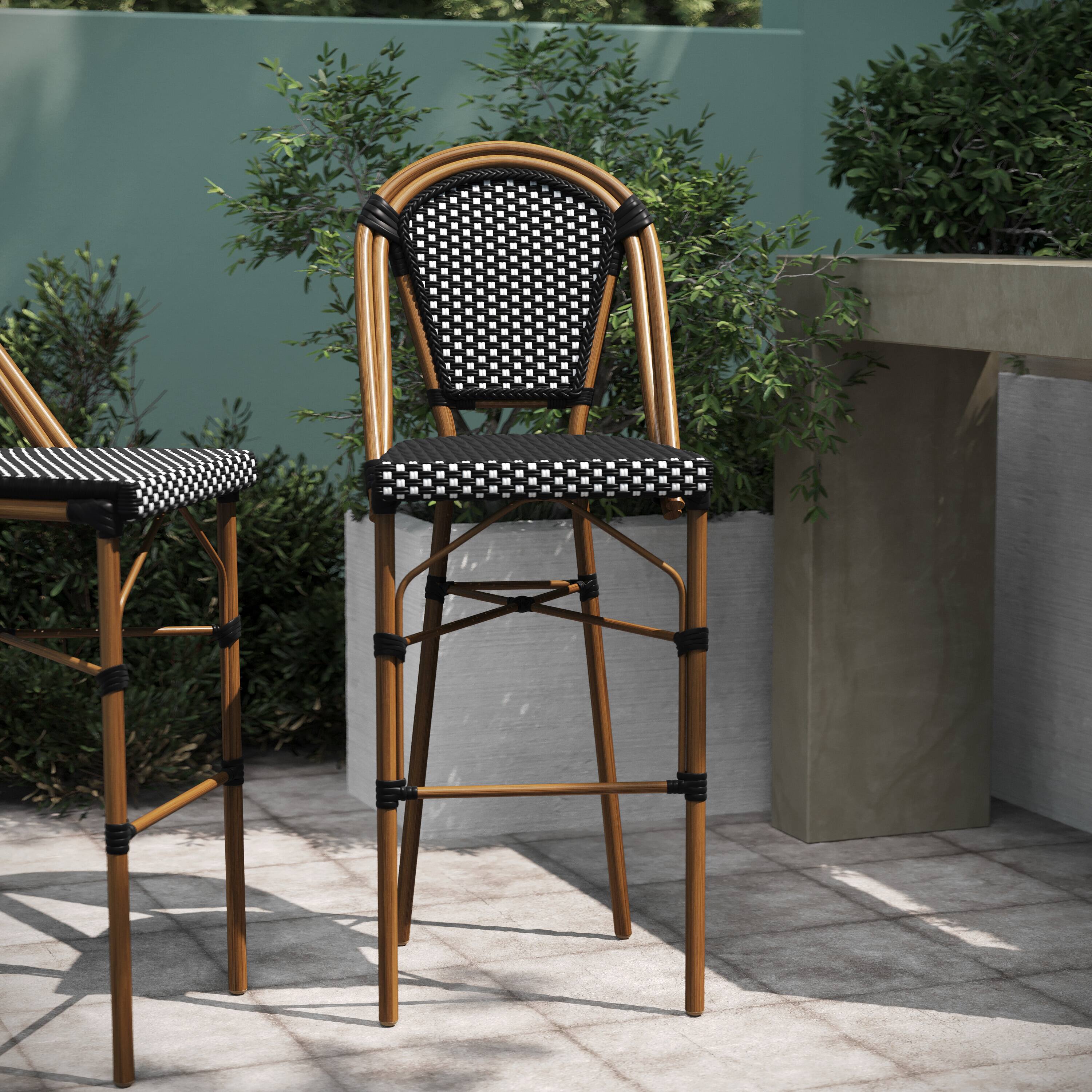 Alt View 5. Emma + Oliver - Soie Set of Two 30" High Stacking Bistro Bar Stools with PE Seat and Back and Metal Frames for Indoor/Outdoor Use - Black & White/Natural Frame.