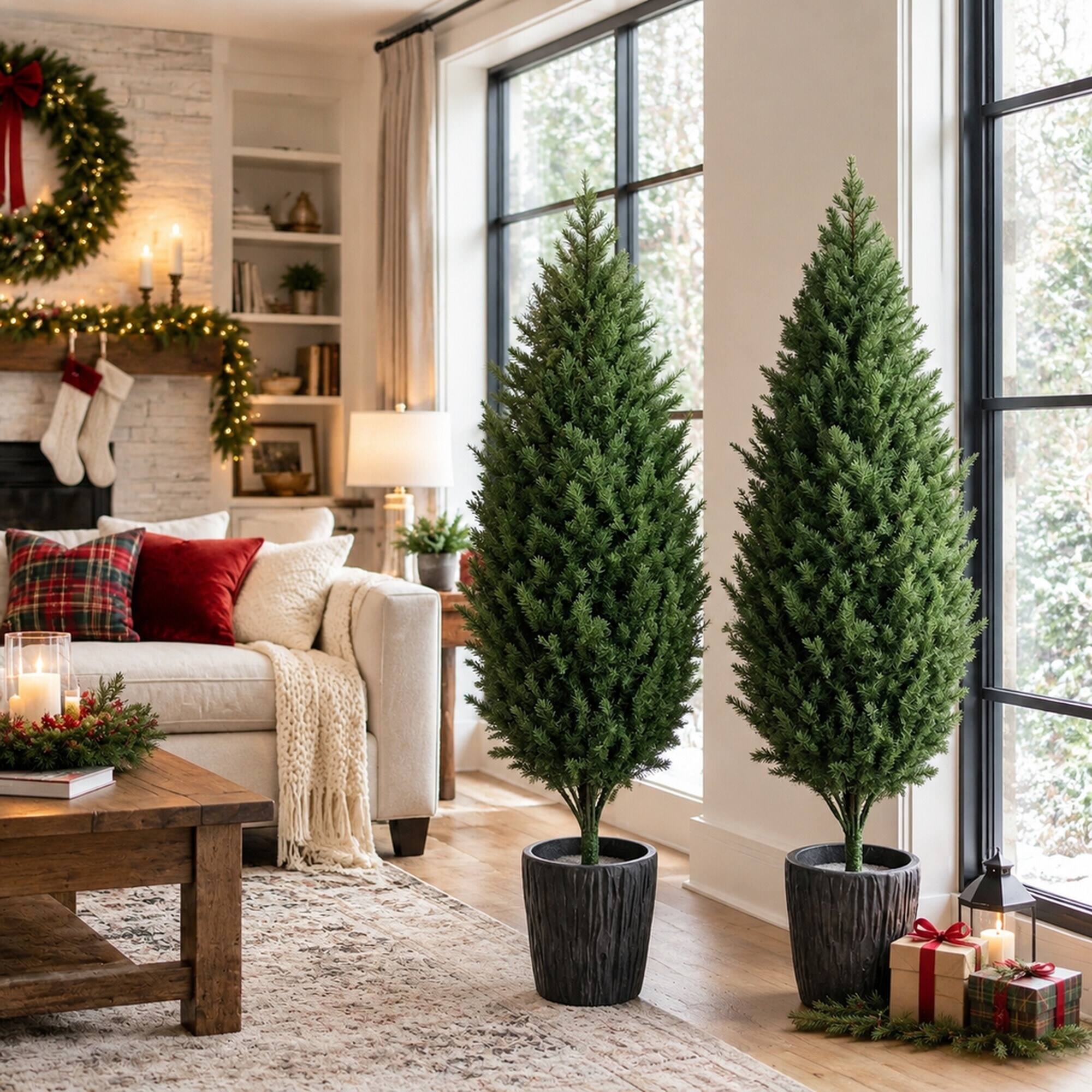 Back. RYHNUYNE - 4FT Artificial Cedar Christmas Tree Set of 2 With 291 PE Tips and Potted Base, UV Resistant - Green.