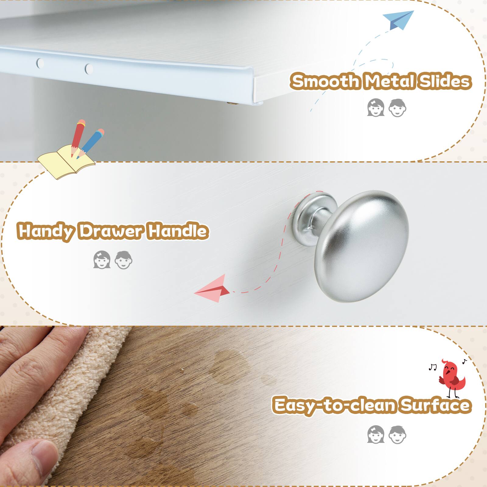 - Smooth Metal Slides
- Handy Drawer Handle
- Easy-to-clean Surface