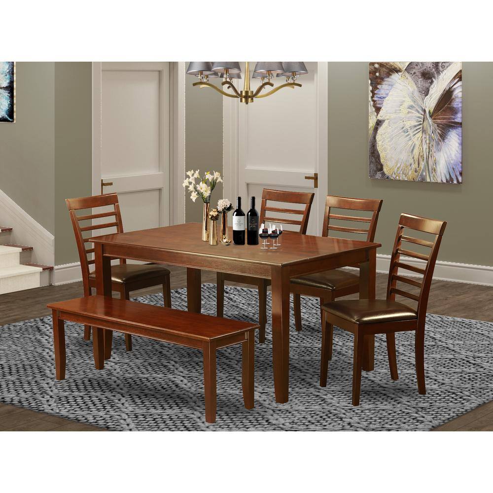 Back. East West Furniture - 6 Pc Dining set with bench - Dining Table with 4 Dining Chairs plus Bench - Mahogany.