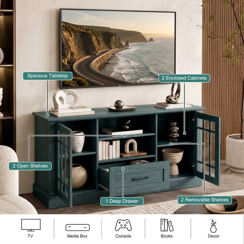 Spacious Tabletop  
2 Enclosed Cabinets  
2 Open Shelves  
1 Deep Drawer  
2 Removable Shelves  

TV  
Media Box  
Console  
Books  
Decor