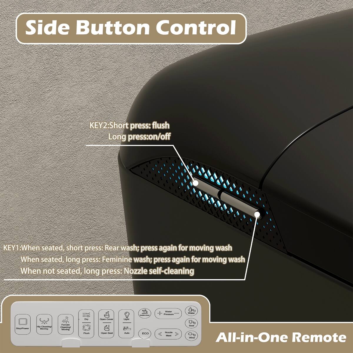 Side Button Control

KEY2: Short press: flush  
Long press: on/off

KEY1: When seated, short press: Rear wash; press again for moving wash  
When seated, long press: Feminine wash; press again for moving wash  
When not seated, long press: Nozzle self-cleaning

Sapp/Power  
Hip Cleaning Moving  
Female Dressing Moving  
Dry Phinds  
Open Cover Open Sweet  
Light RUCK  
00 - - ECO  
Water - Procure -  
Wax Comment 0 Weel All-in-One Remote