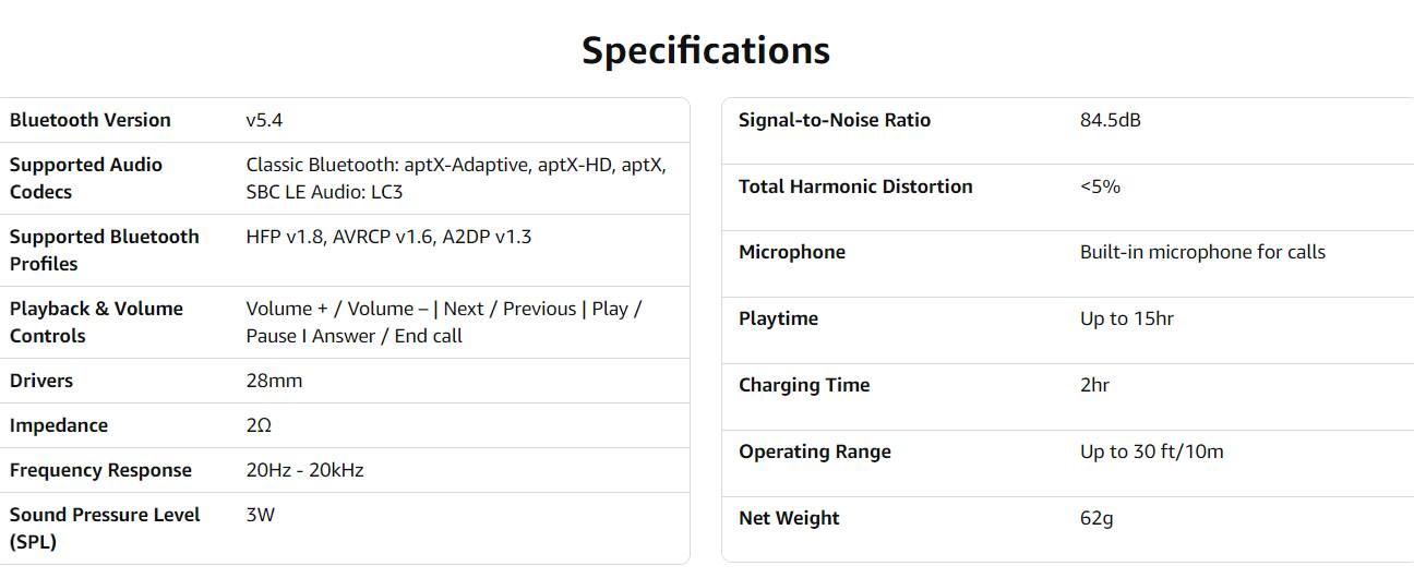 Sure, here is the corrected and grouped text from the image:

---

**Specifications**

- **Bluetooth Version:** v5.4
- **Supported Audio Codecs:**
  - Classic Bluetooth: aptX-Adaptive, aptX-HD, aptX, SBC
  - LE Audio: LC3
- **Supported Bluetooth Profiles:** HFP v1.8, AVRCP v1.6, A2DP v1.3
- **Playback & Volume Controls:** Volume + / Volume - | Next / Previous | Play / Pause | Answer / End call
- **Drivers:** 28mm
- **Impedance:** 20Ω
- **Frequency Response:** 20Hz - 20kHz
- **Sound Pressure Level (SPL):** 3W

---

**Specifications**

- **Signal-to-Noise Ratio:** 84.5dB
- **Total Harmonic Distortion:** <5%
- **Microphone:** Built-in microphone for calls
- **Playtime:** Up to 15hr
- **Charging Time:** 2hr
- **Operating Range:** Up to 30 ft/10m
- **Net Weight:** 62g