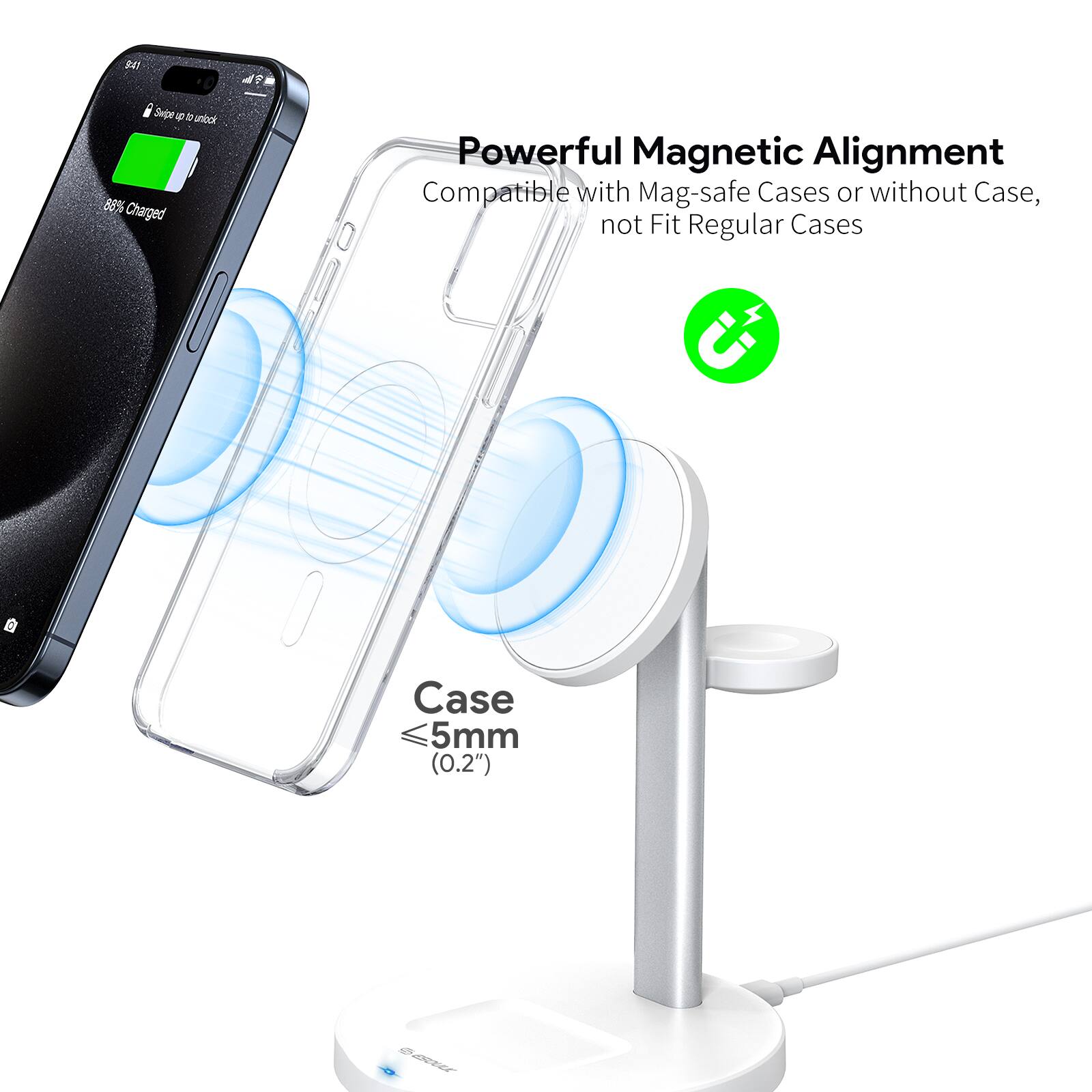 Powerful Magnetic Alignment, Compatible with Mag-safe Cases or without Case, not Fit Regular Cases, Case ≤5mm (0.2")