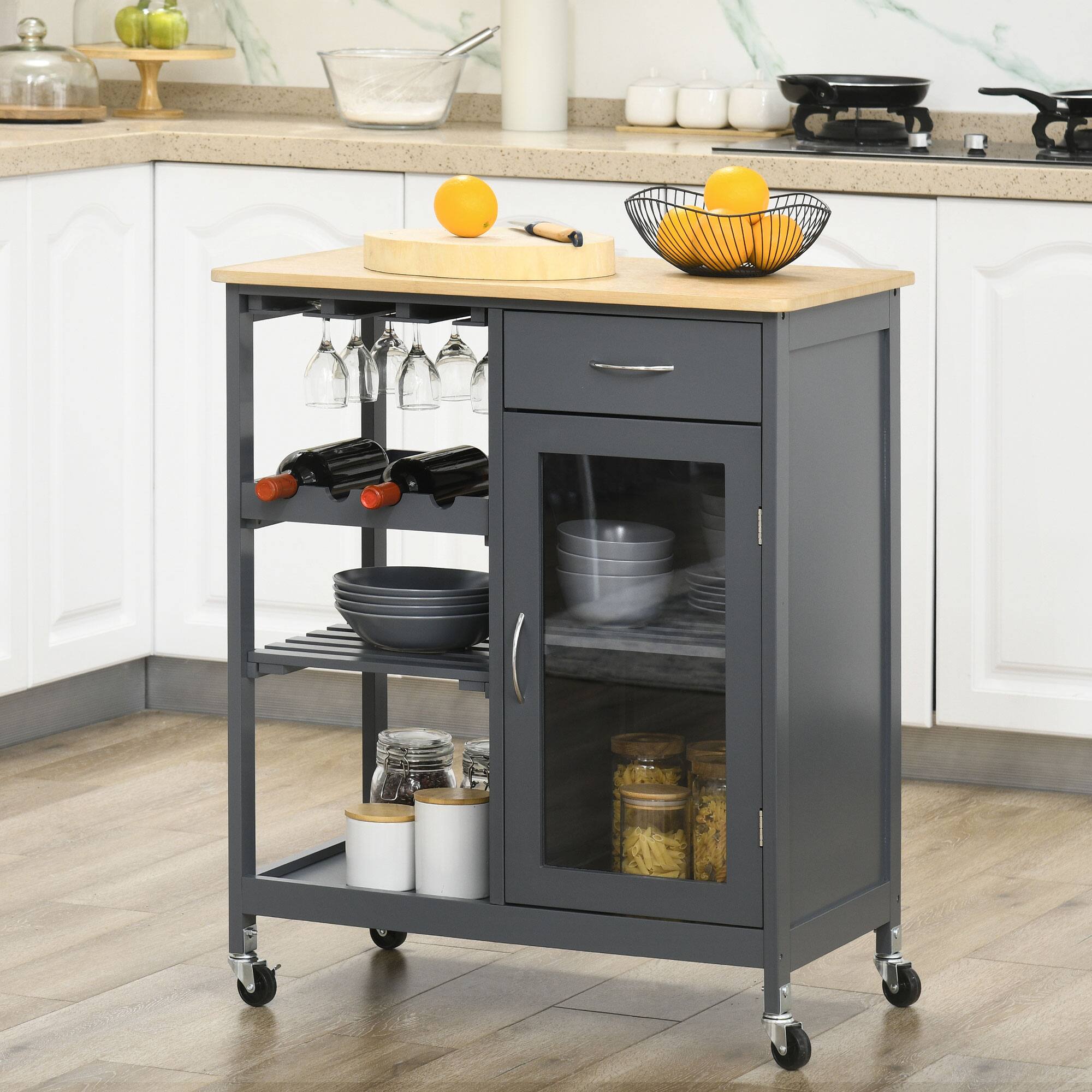 Angle. Homcom - Rolling Kitchen Island with Storage, Kitchen Cart with 4-bottle Wine Rack, Bar Cart with Stemware Holder - Grey.